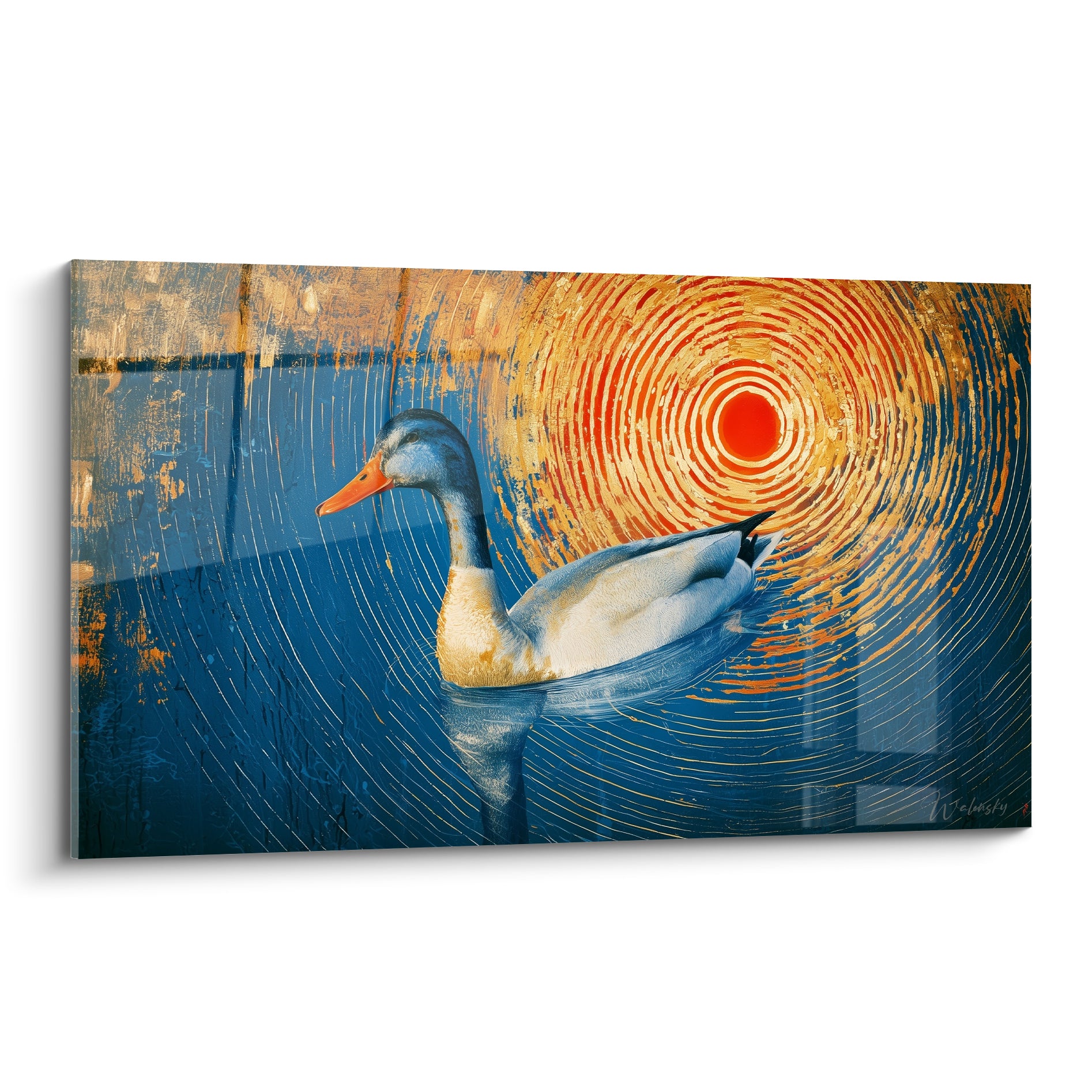 Canard blanc et bleu marine glissant sur une eau ornée de cercles orangés lumineux