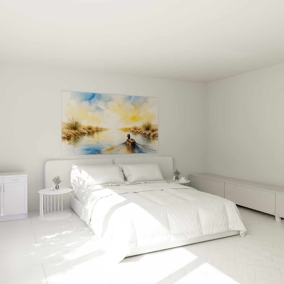 Canard nageant sur une eau ocre et bleu pastel, accroché au-dessus d'un lit dans une chambre claire