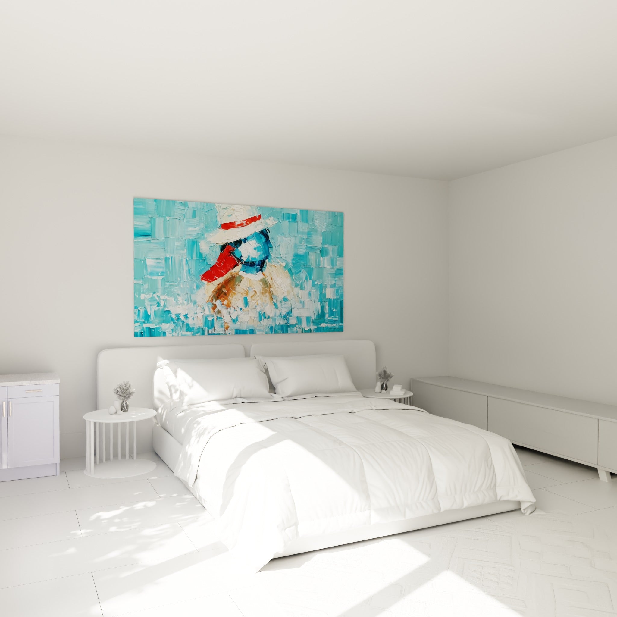 Silhouette de canard bleu marine et rouge au-dessus d'un lit dans une chambre claire