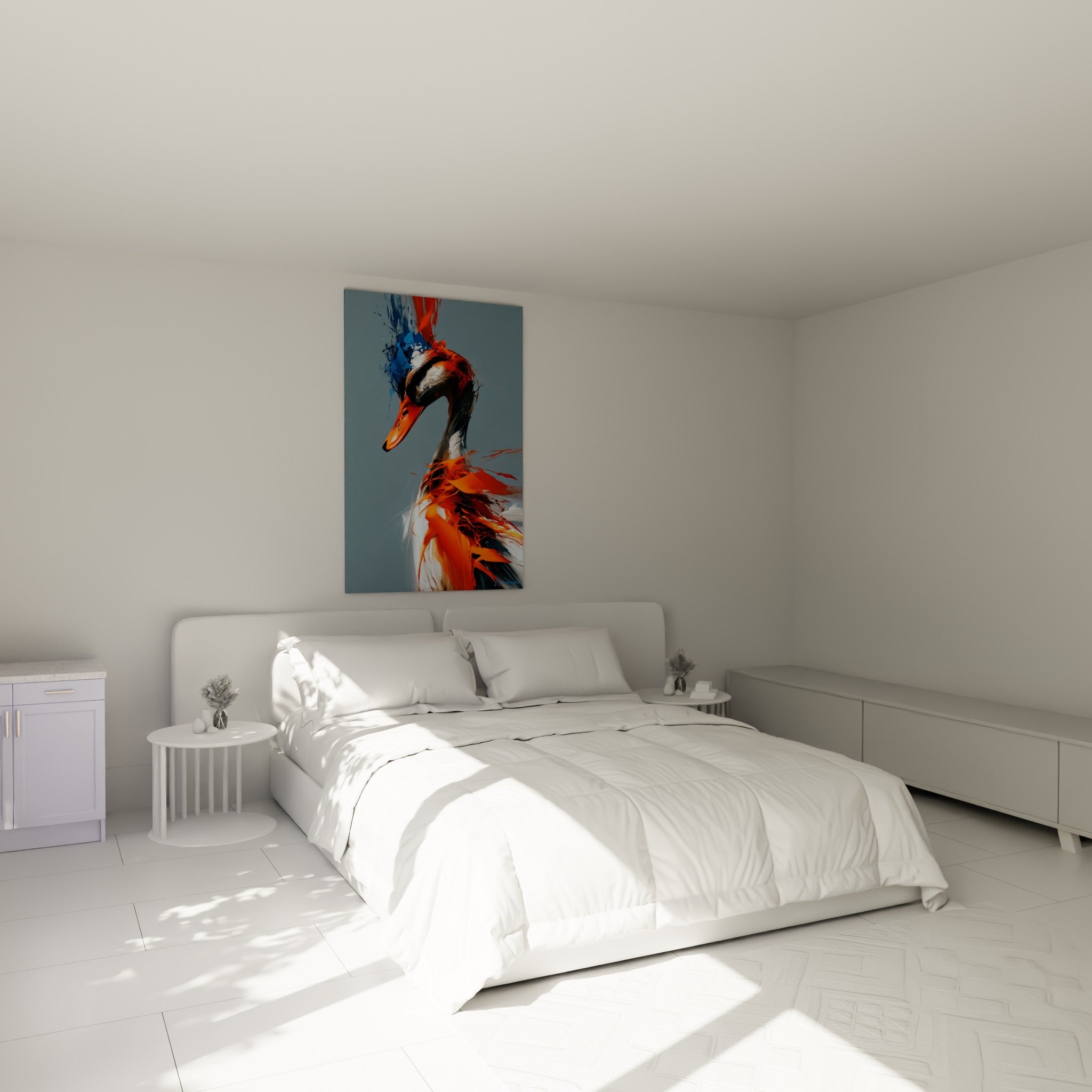 Silhouette de canard aux tons orange et anthracite accrochée au-dessus d'un lit dans une chambre claire