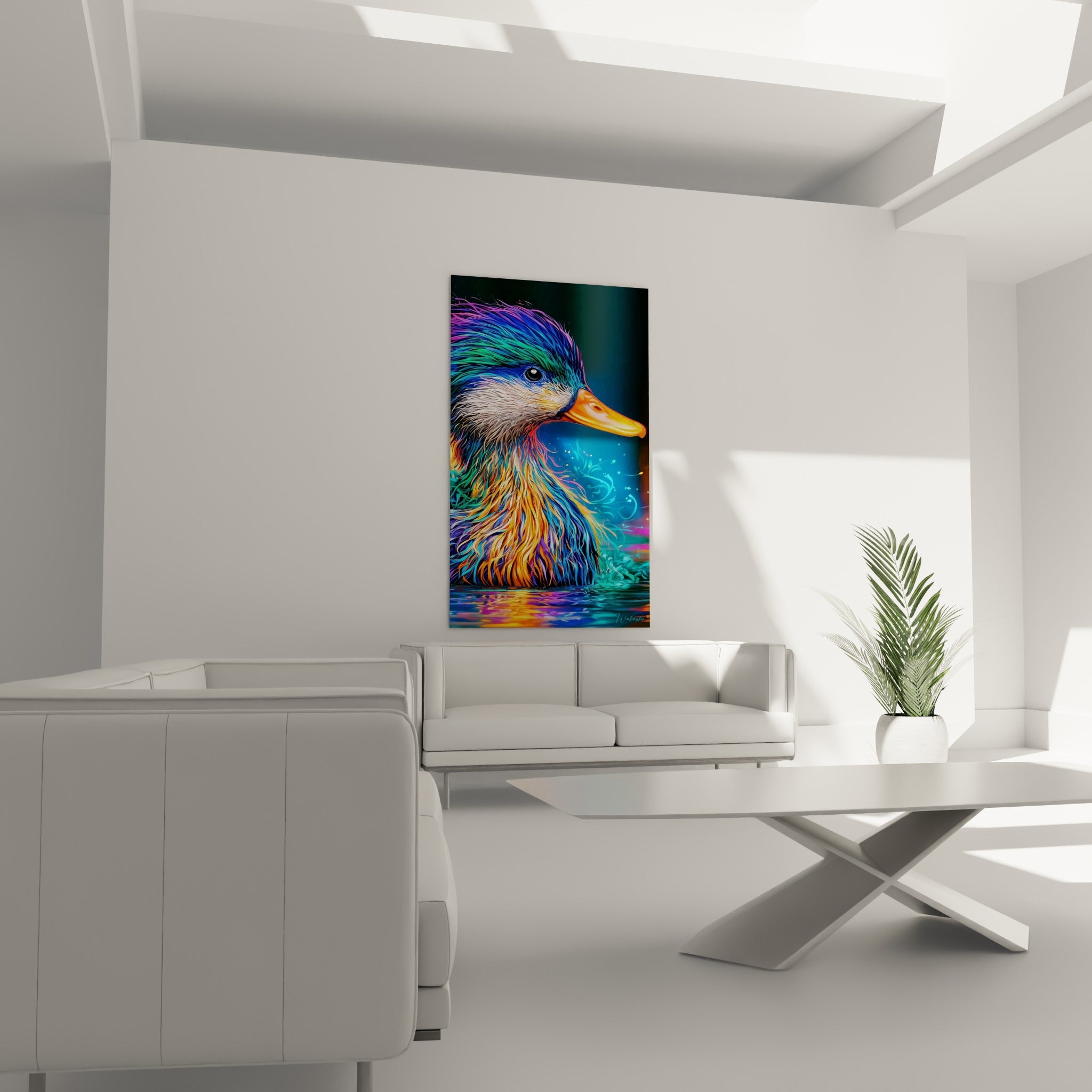 Canard multicolore aux reflets bleu marine et dorés, suspendu au-dessus d'un canapé dans un salon lumineux