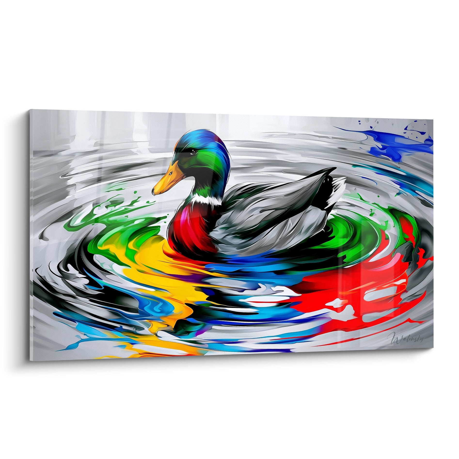 Canard aux reflets bleu marine et verts glissant sur une eau aux ondes rouge et jaune éclatantes