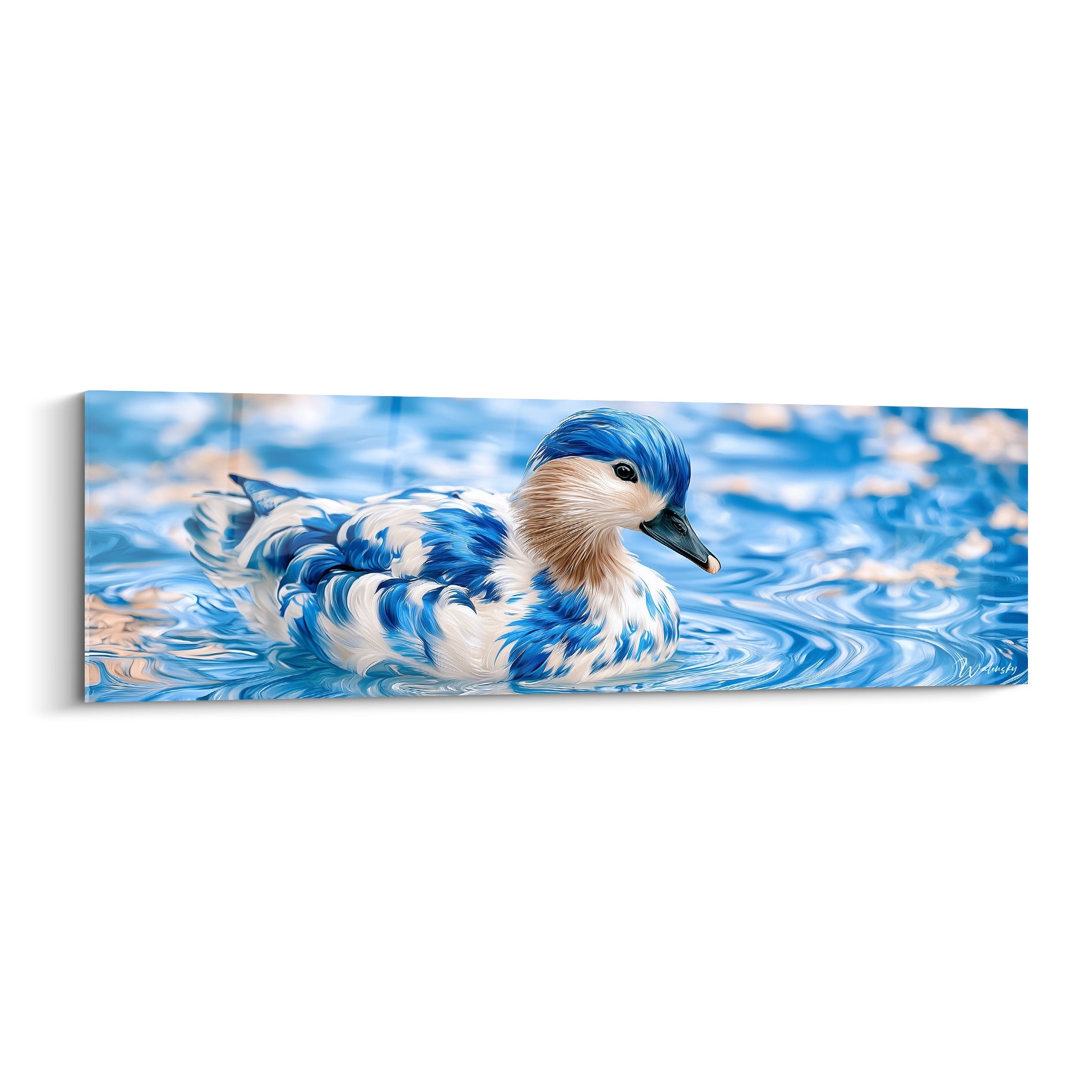 Canard bleu et blanc flottant sur une eau ondulante, plumage texturé et reflets ocre discrets