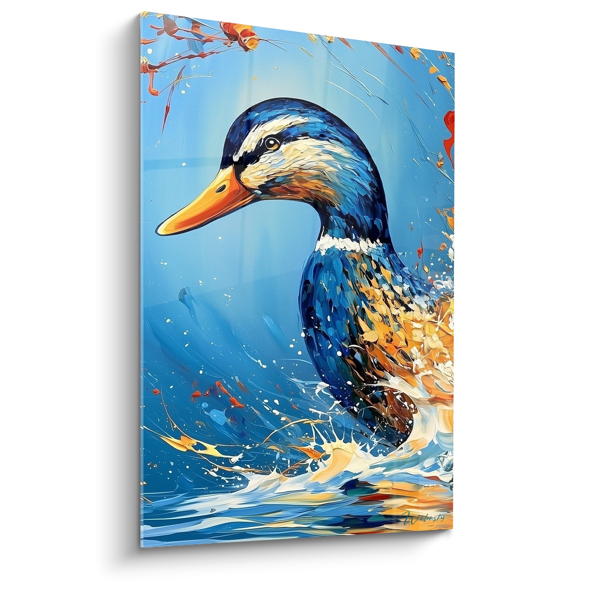 Canard à tête bleu marine et corps doré, éclaboussure d'eau blanche et orangée en toile.