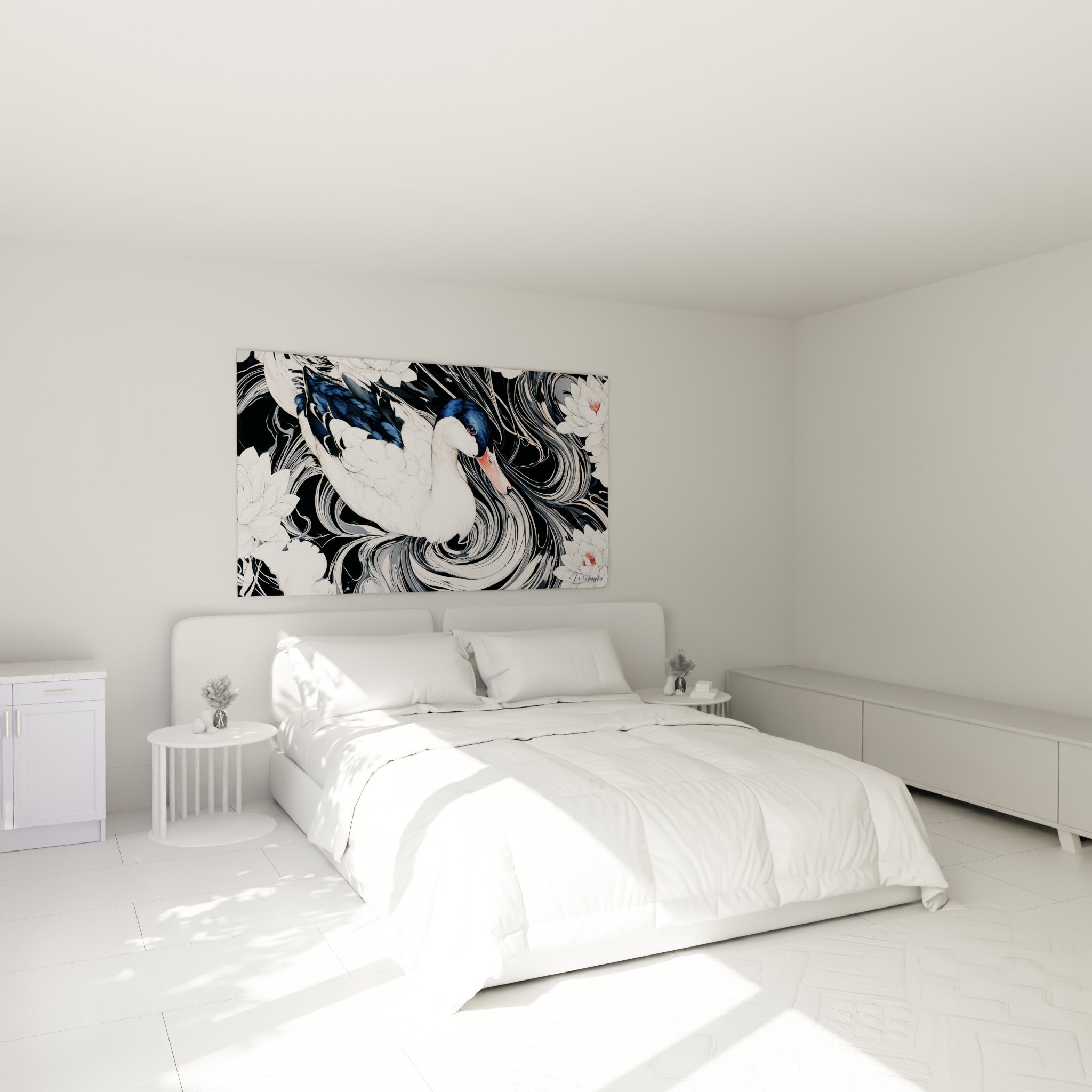 Oiseau aquatique blanc et bleu marine entouré de fleurs, accroché au-dessus d'un lit dans une chambre claire