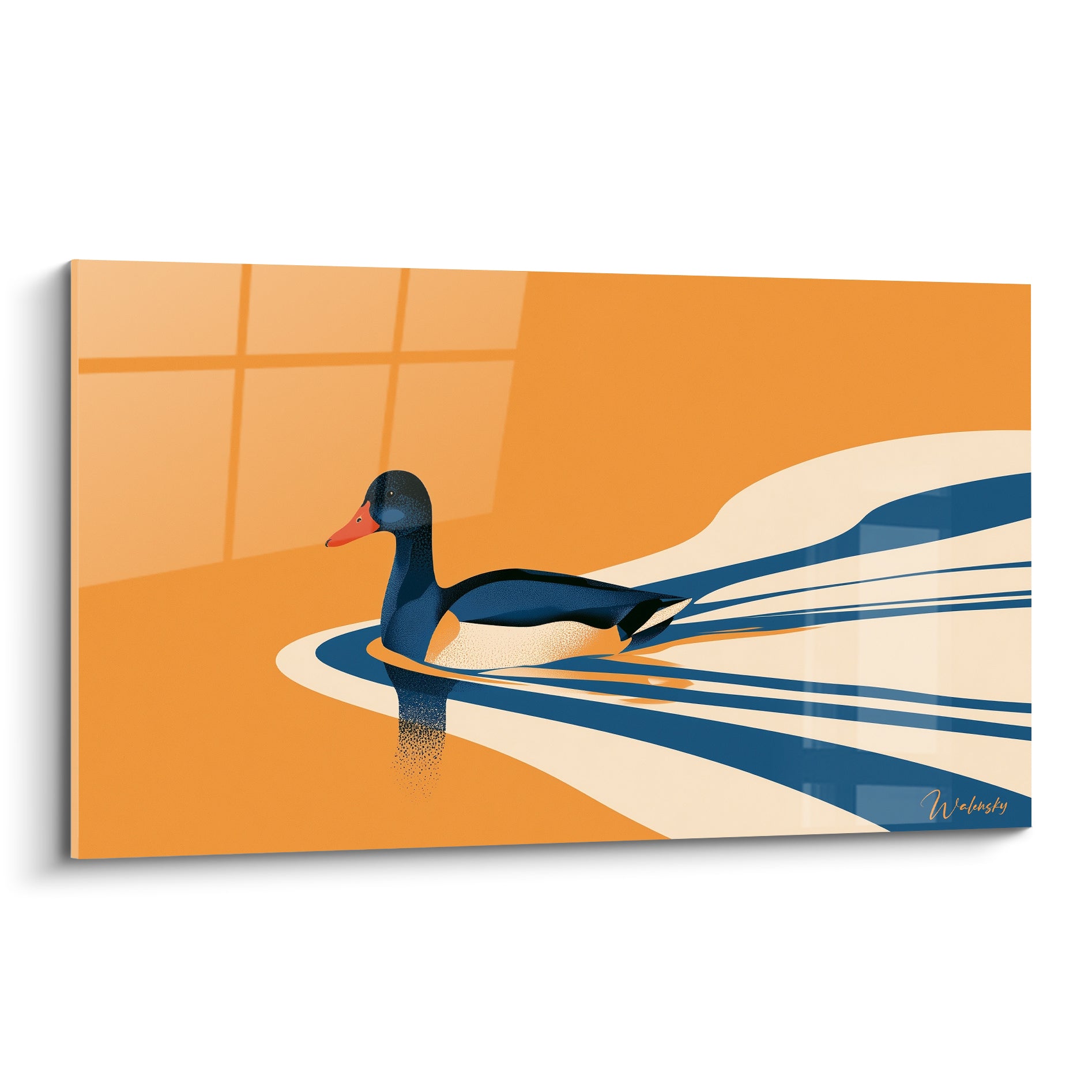Canard bleu marine au bec orange glissant sur un fond orange vif, sillage graphique crème