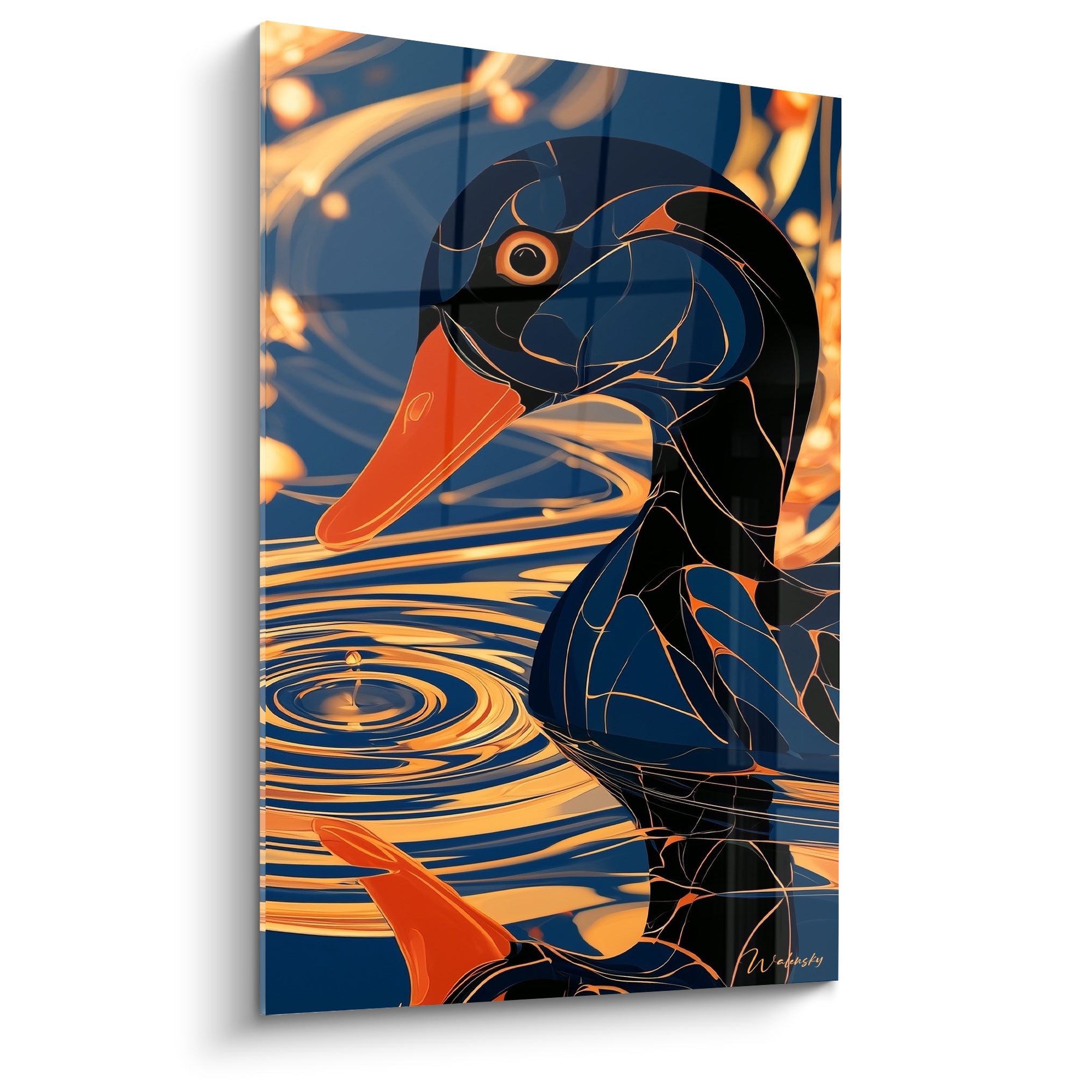 Canard bleu marine et orange stylisé, bec orangé effleurant l'eau, motifs vitrail graphiques