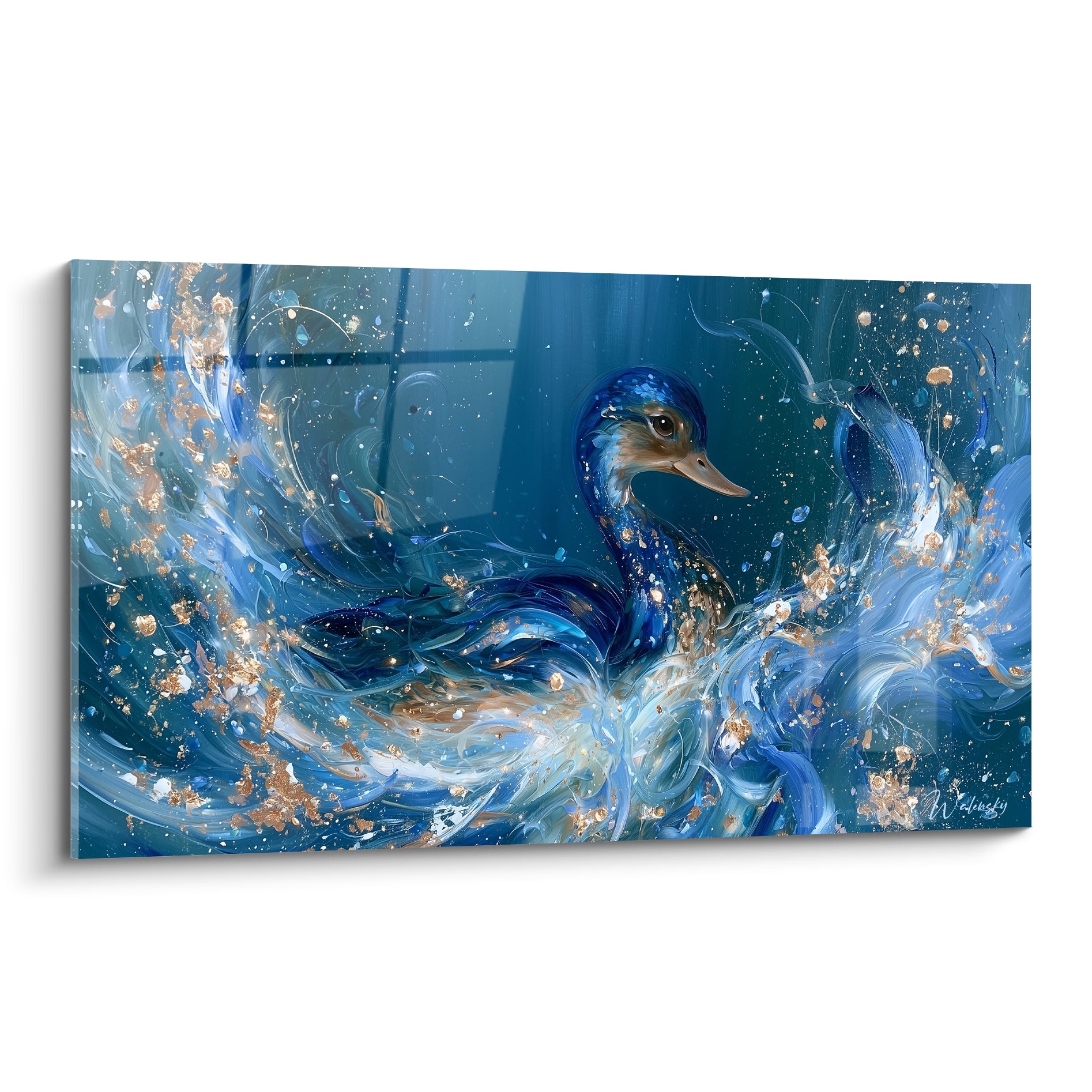 Canard bleu marine émergeant d'un tourbillon d'eau doré, peinture aux coups de pinceau fluides et expressifs