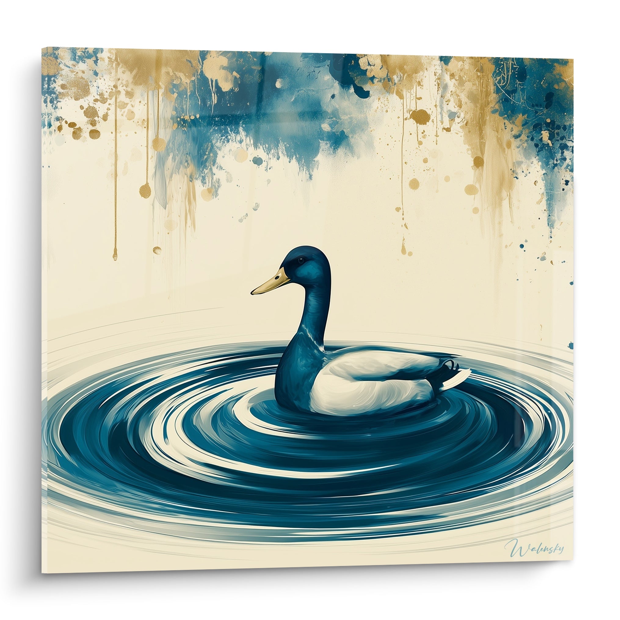 Canard bleu marine et crème flottant sur des tourbillons d'eau peints en aquarelle dorée