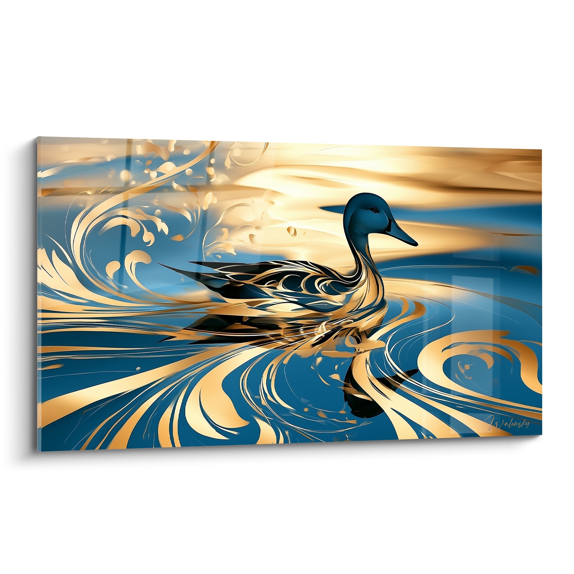 Canard bleu marine nageant parmi des volutes dorées et reflets ocre sur une eau tourbillonnante