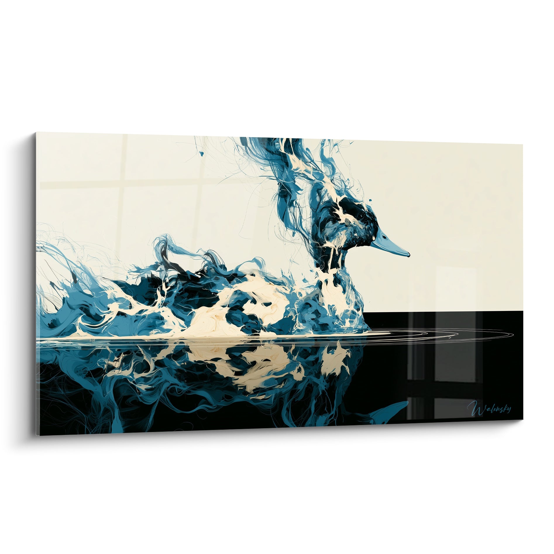 Canard bleu marine et noir anthracite en volutes fluides sur fond ivoire