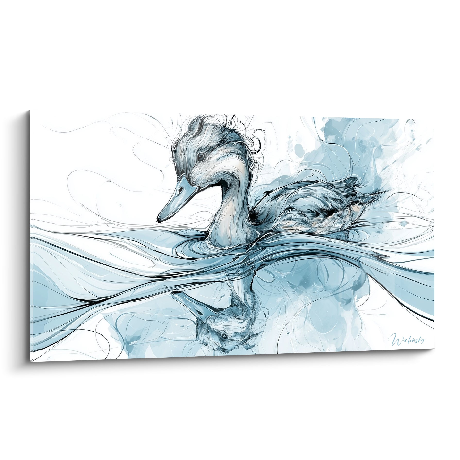 Canard bleu pastel et anthracite glissant sur une eau tracée à l'encre fluide