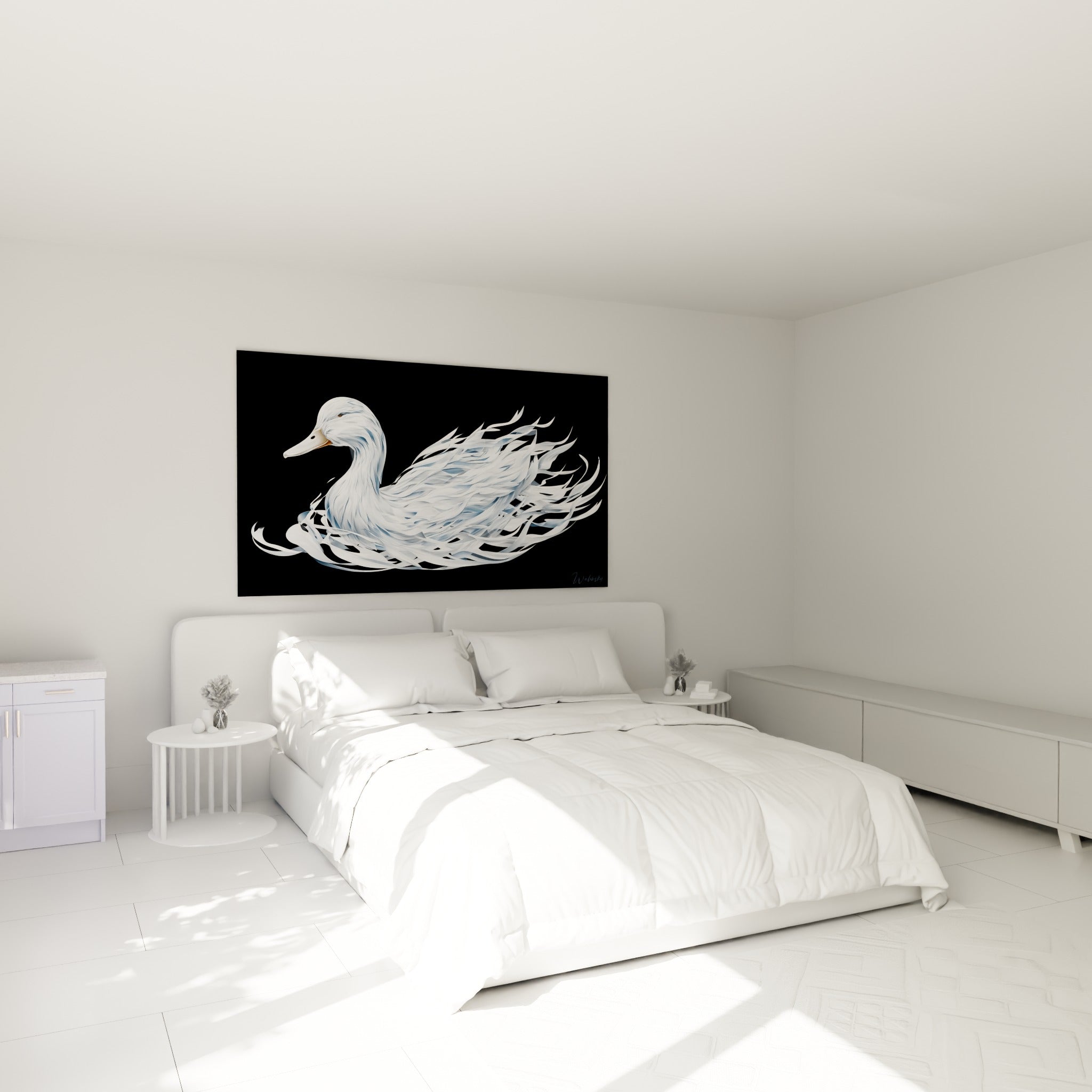 Plumage blanc et bleu pastel du canard accroché au-dessus d'un lit dans une chambre claire