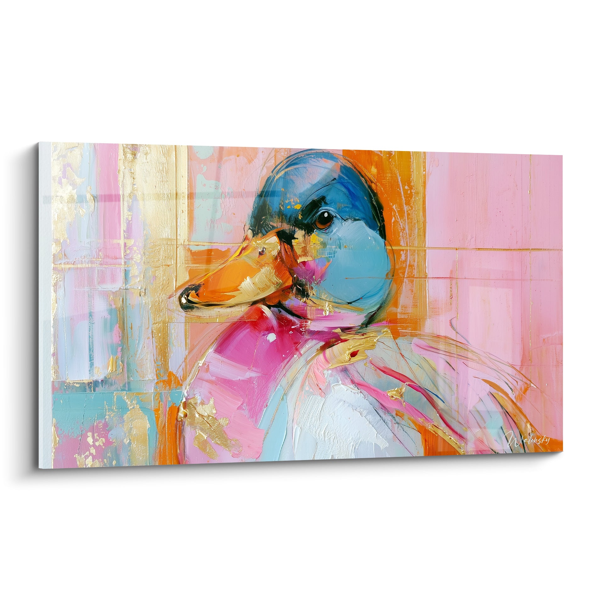 Canard au plumage bleu pastel et rose, bec orangé, empâtements dorés sur fond terracotta