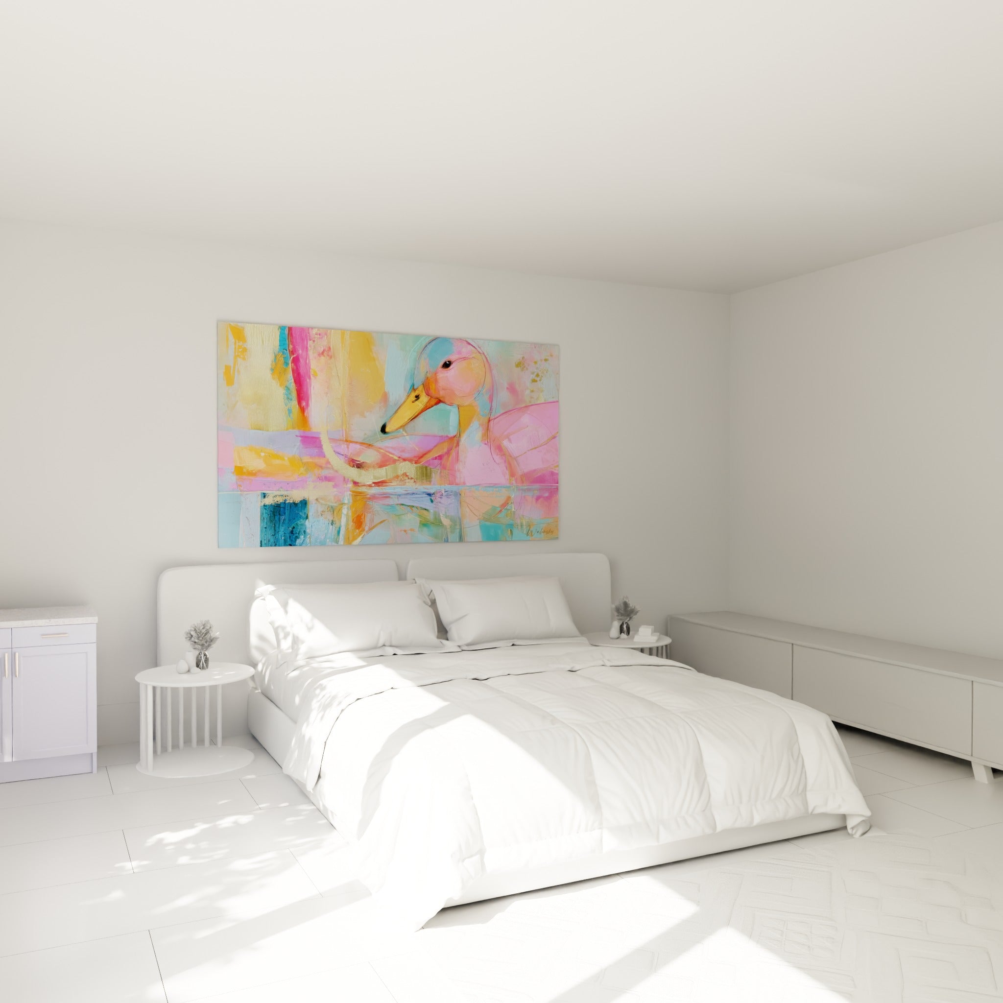 Canard aux teintes roses et turquoise, œuvre picturale au-dessus d'un lit dans une chambre claire