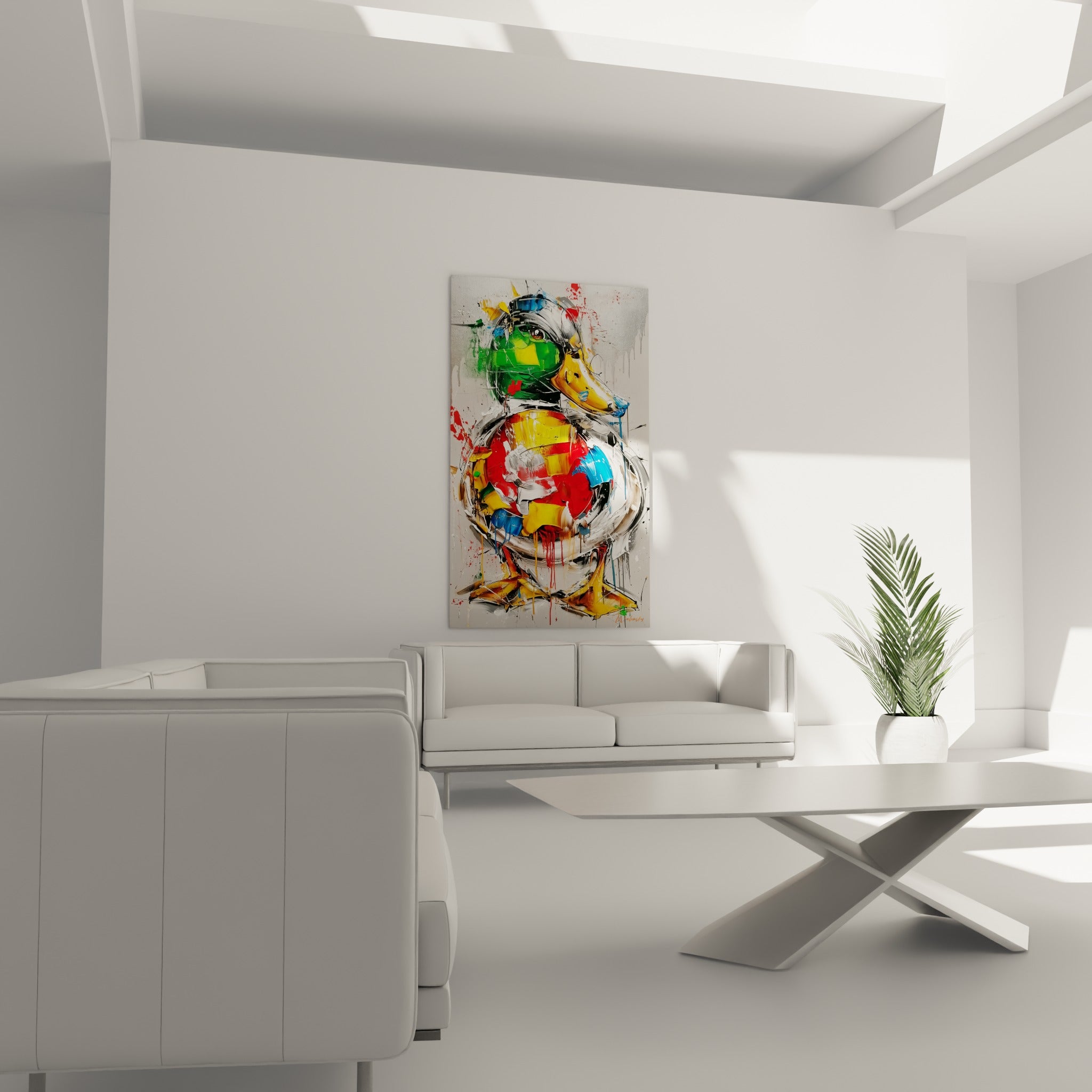 Canard rouge et bleu vif en composition éclatée, placé au-dessus d'un canapé dans un salon lumineux