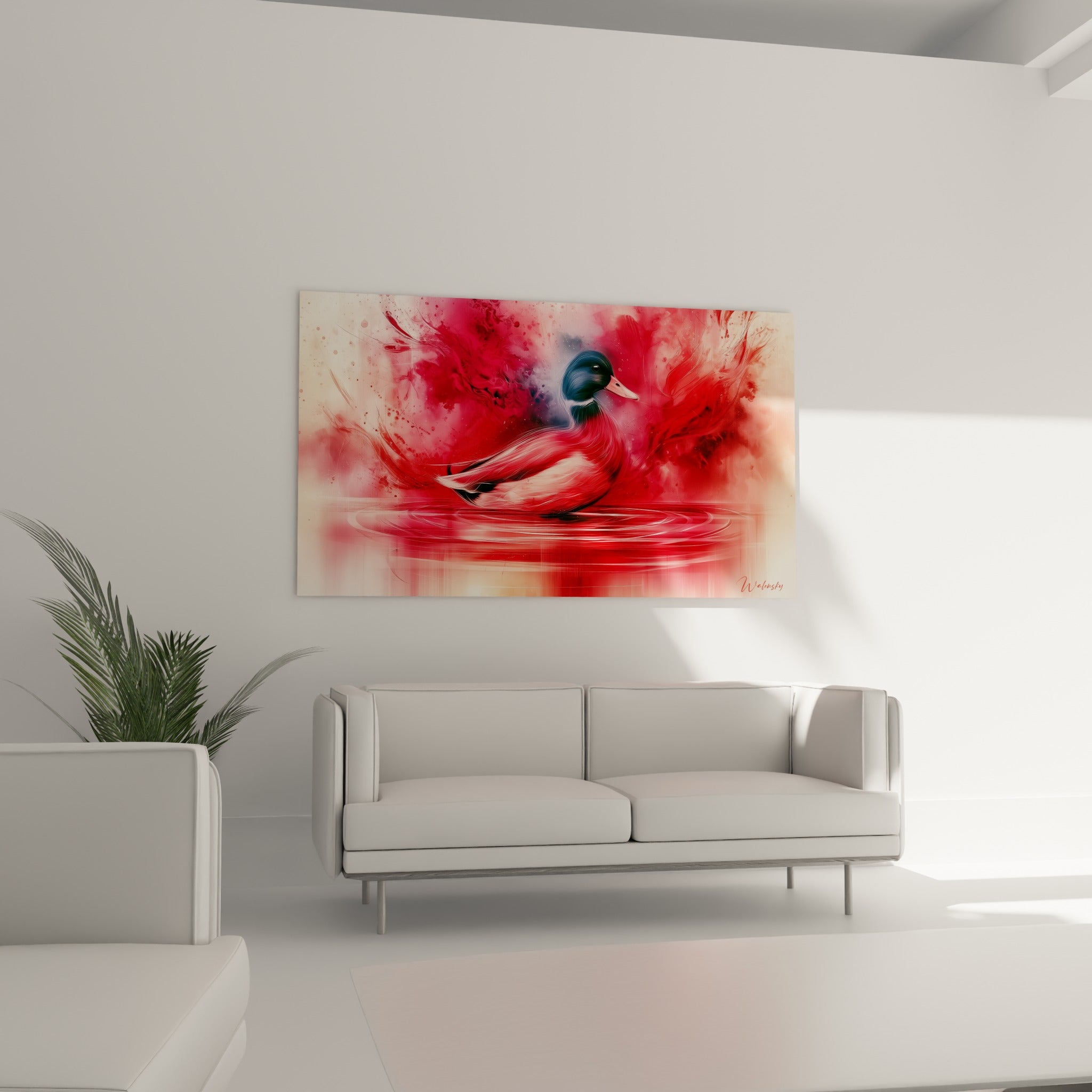 Silhouette rouge et noire d'un canard sur eau écarlate, au-dessus d'un canapé dans un salon lumineux