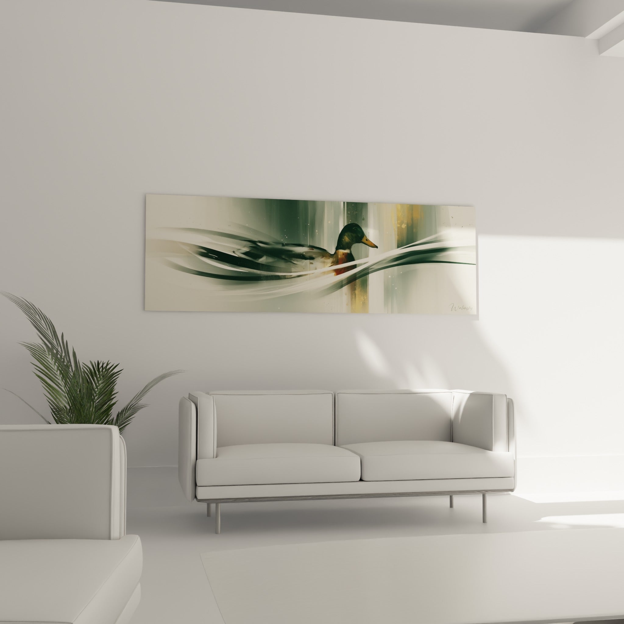Plumage anthracite et brun du canard entouré de traînées dorées au-dessus d'un canapé dans un salon lumineux