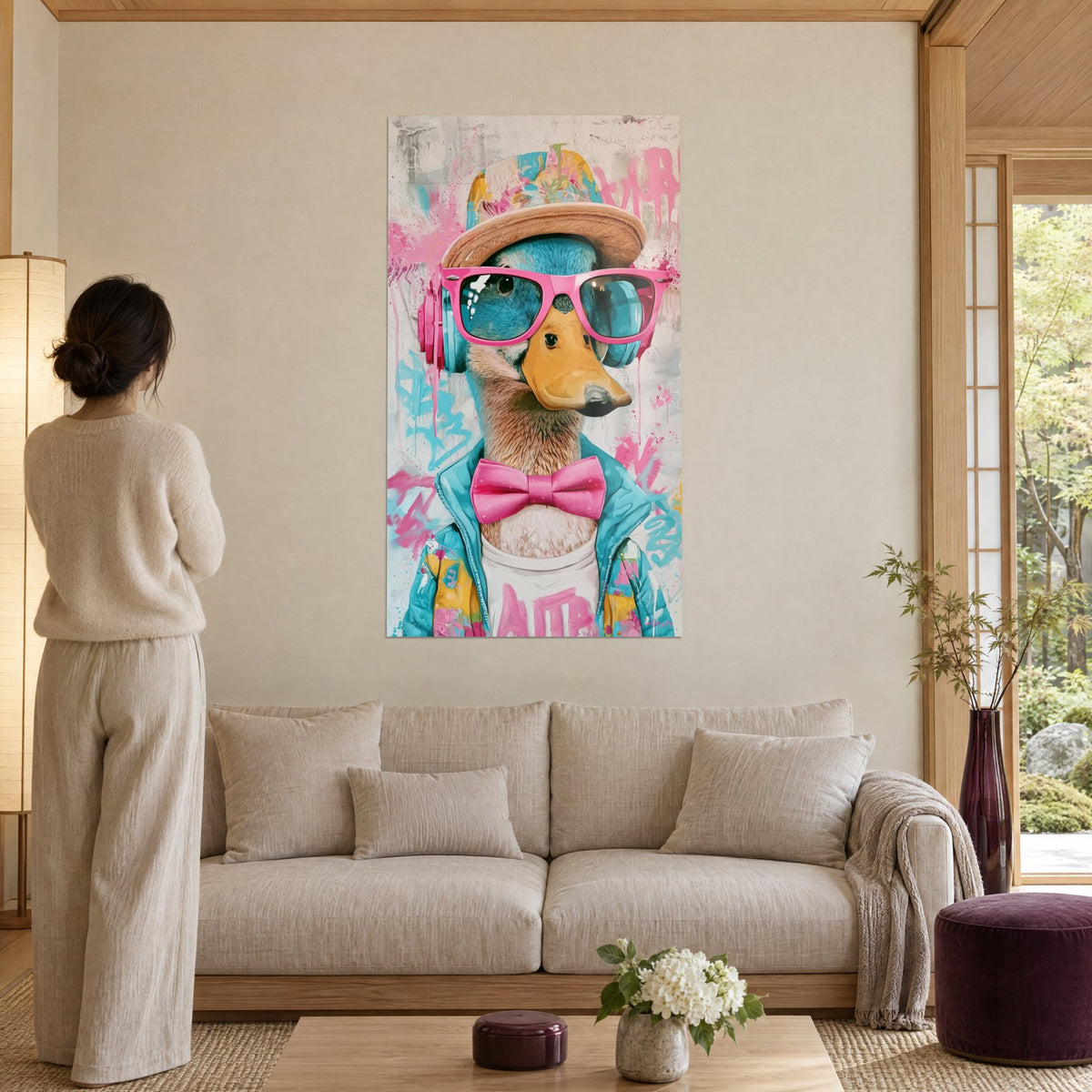 Cuadro de un pato con gafas rosas y casco turquesa, grafitis pastel, colgado encima de un sofá en un salón luminoso