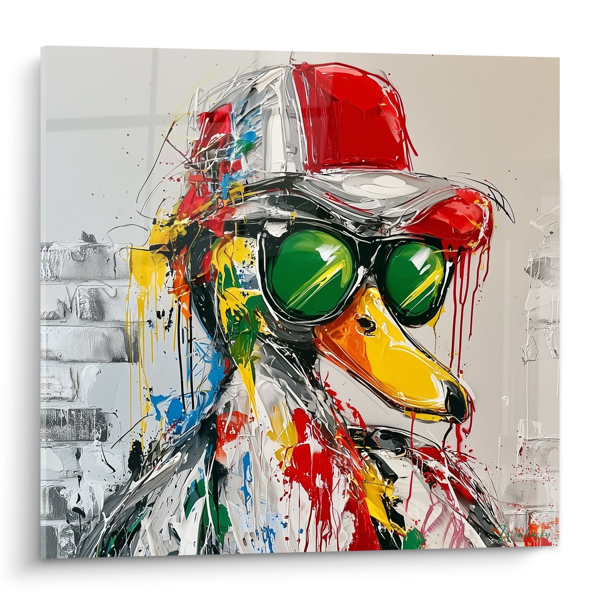 Canard coiffé d'une casquette rouge et de lunettes vertes, technique éclaboussée multicolore sur fond gris.