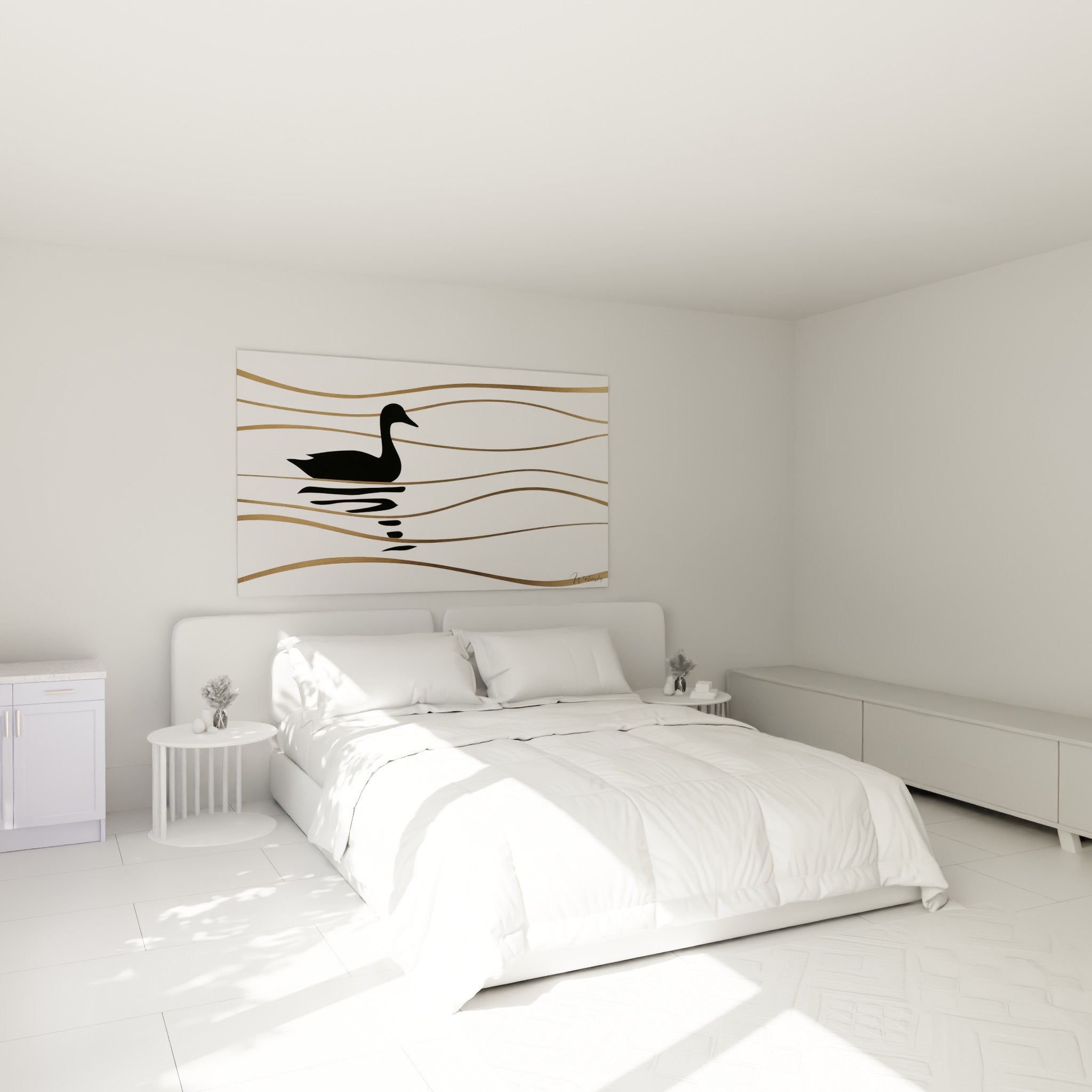 Silhouette de canard noir et doré accrochée au-dessus d'un lit dans une chambre claire