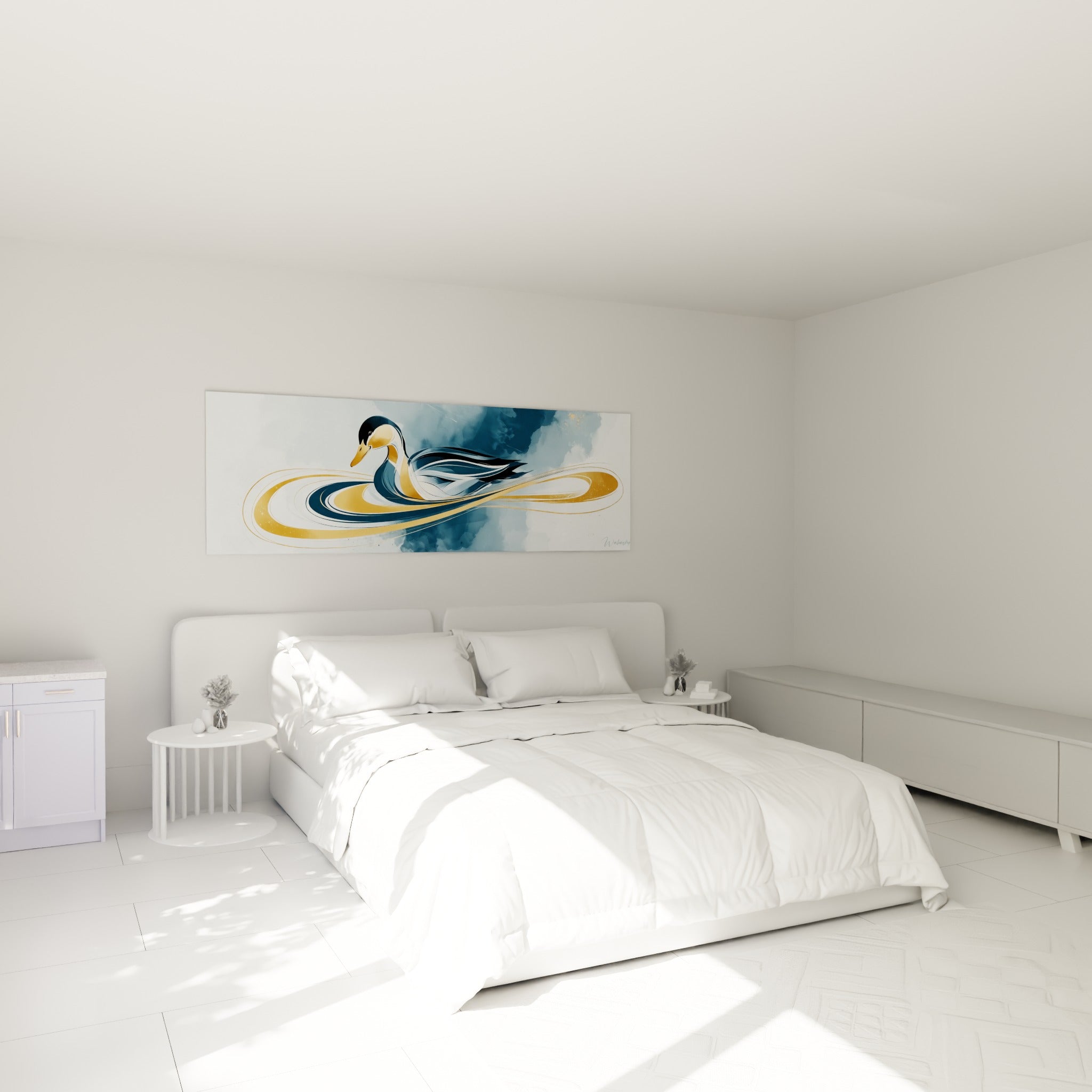 Volutes dorées entourant un canard bleu marine au-dessus d'un lit dans une chambre claire