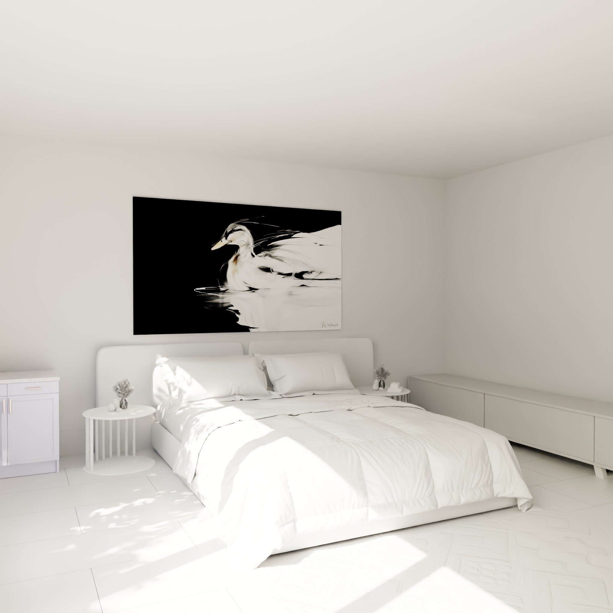 Silhouette de canard blanc et noir au-dessus d'un lit dans une chambre claire