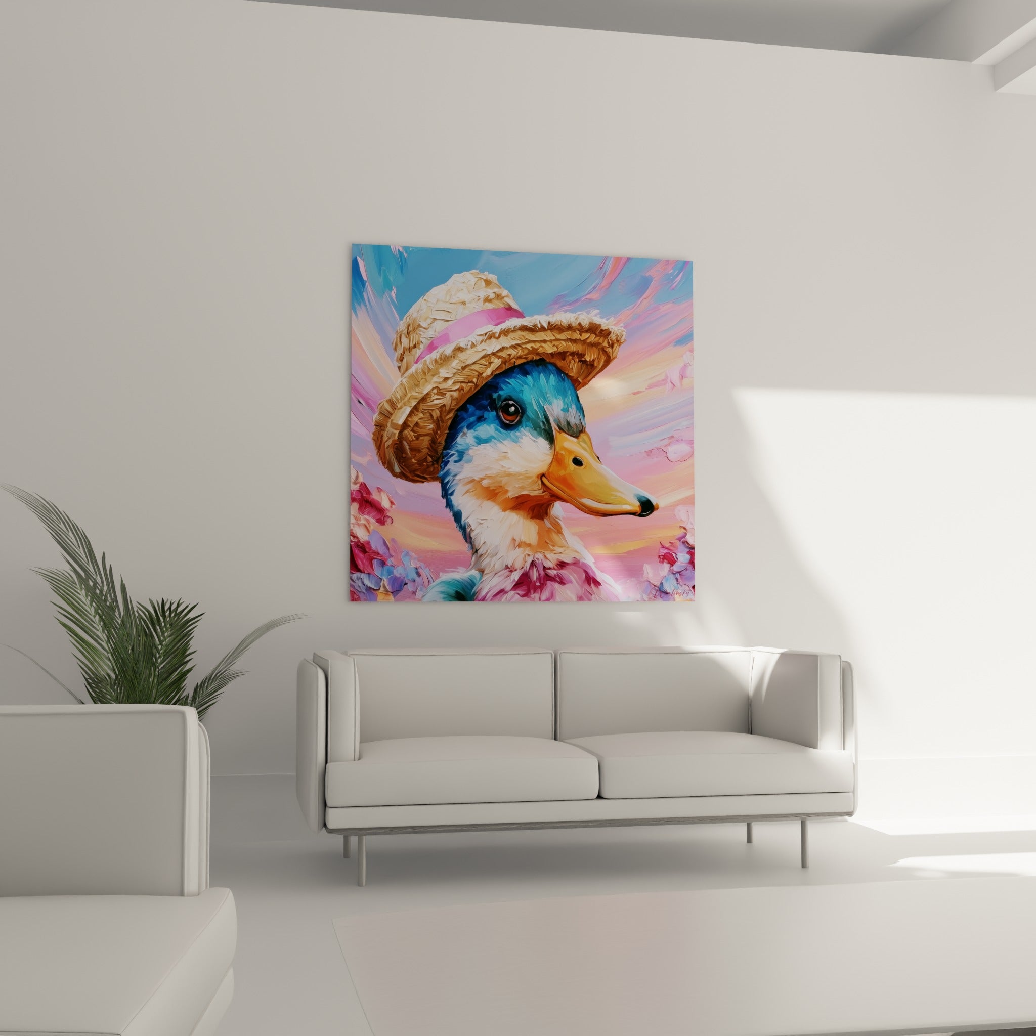 Canard rosé sous chapeau de paille beige, au-dessus d'un canapé dans un salon lumineux