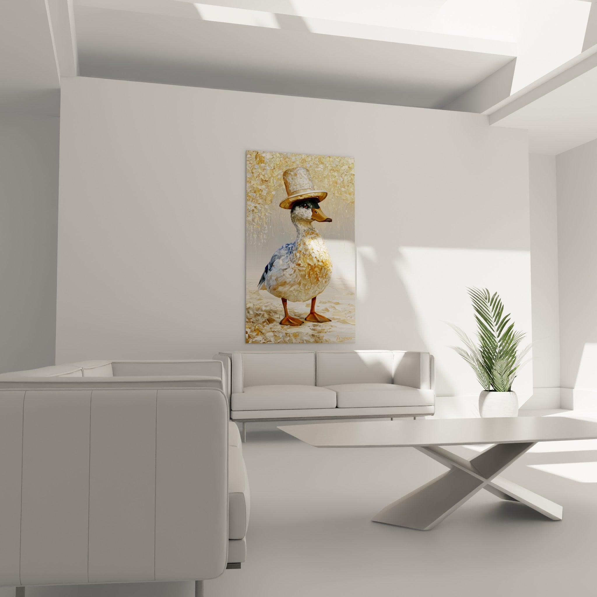 Personnage à plumes vêtu d'or et de blanc trônant au-dessus d'un canapé dans un salon lumineux