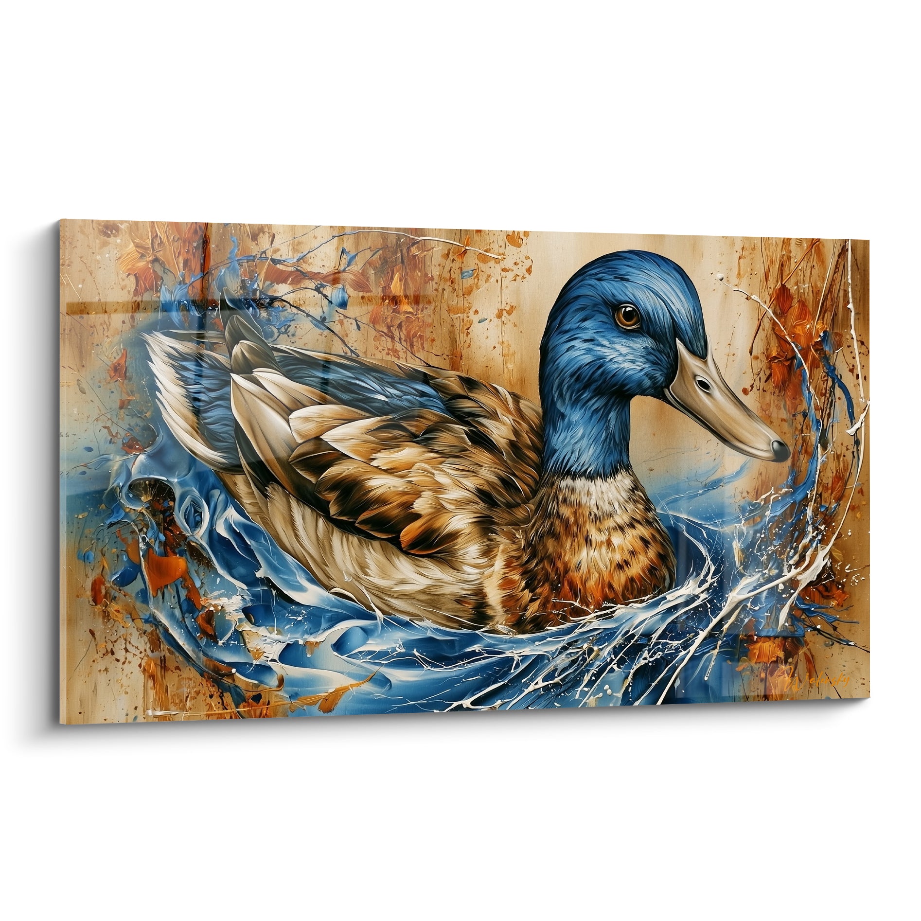 Canard colvert à tête bleue et plumage fauve, ailes repliées, entouré d'éclaboussures bleu marine et ocre