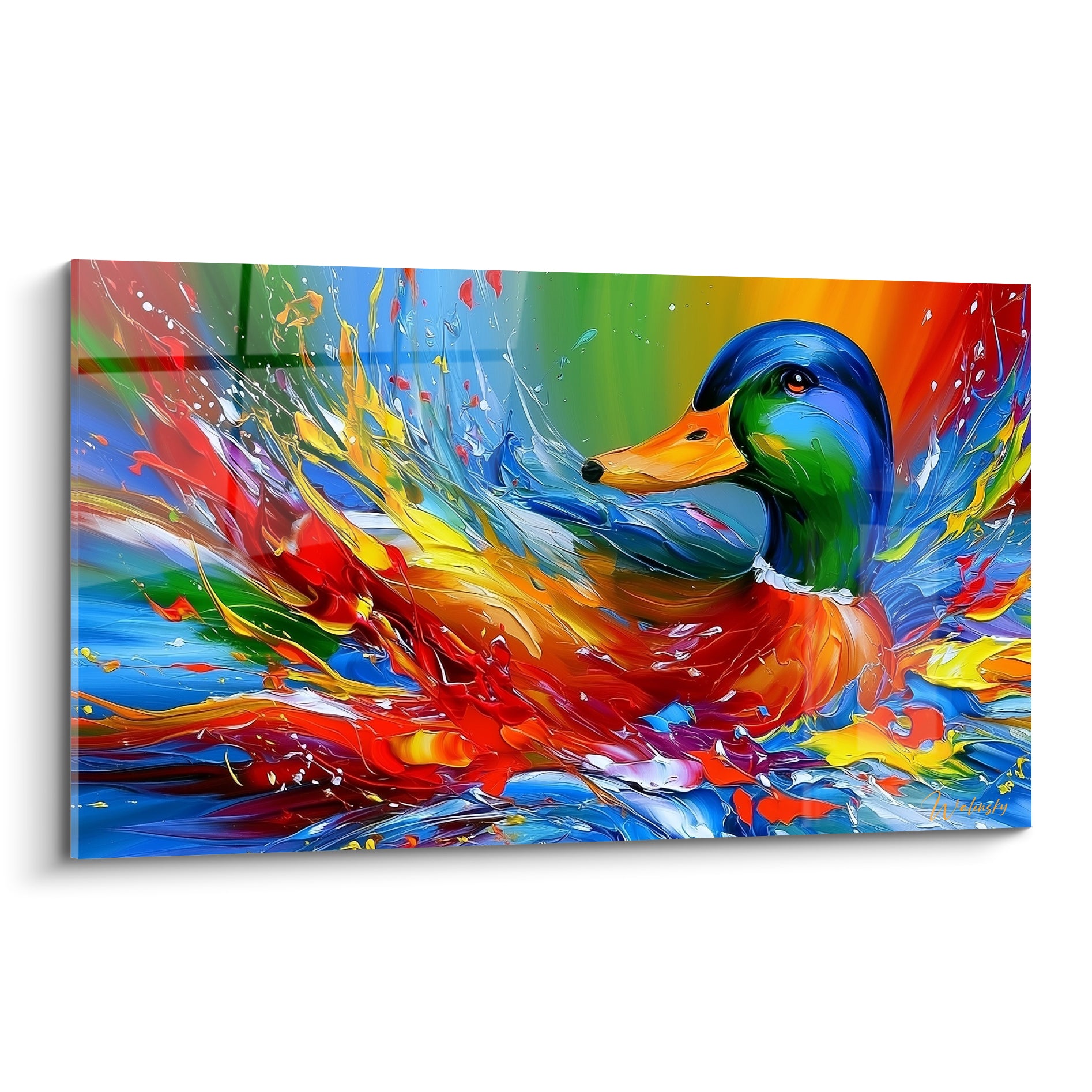 Canard colvert bleu marine et orange jaillissant d'éclaboussures rouge et vertes sur toile