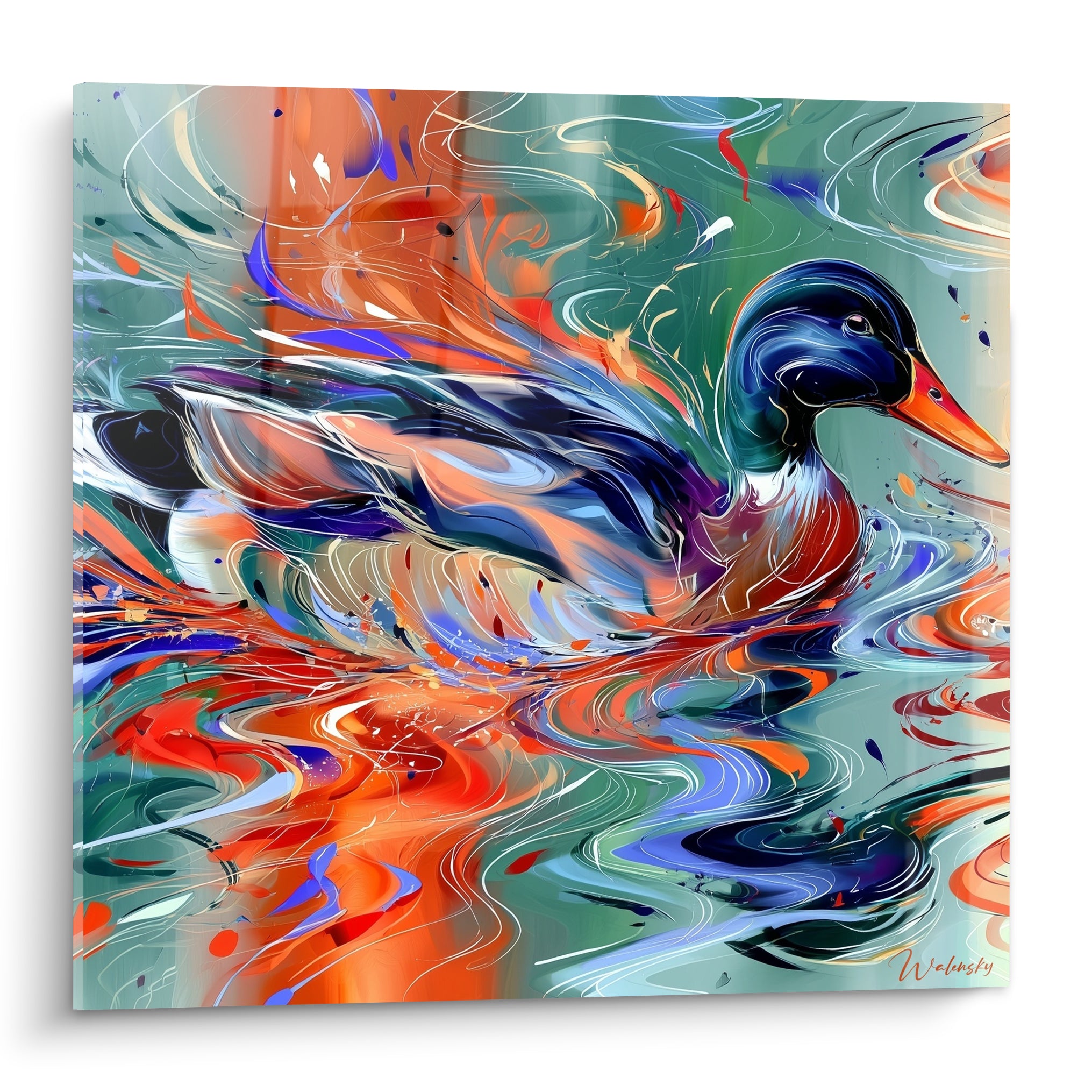 Canard colvert bleu marine au bec orange nageant sur une eau tourbillonnante rouge et verte