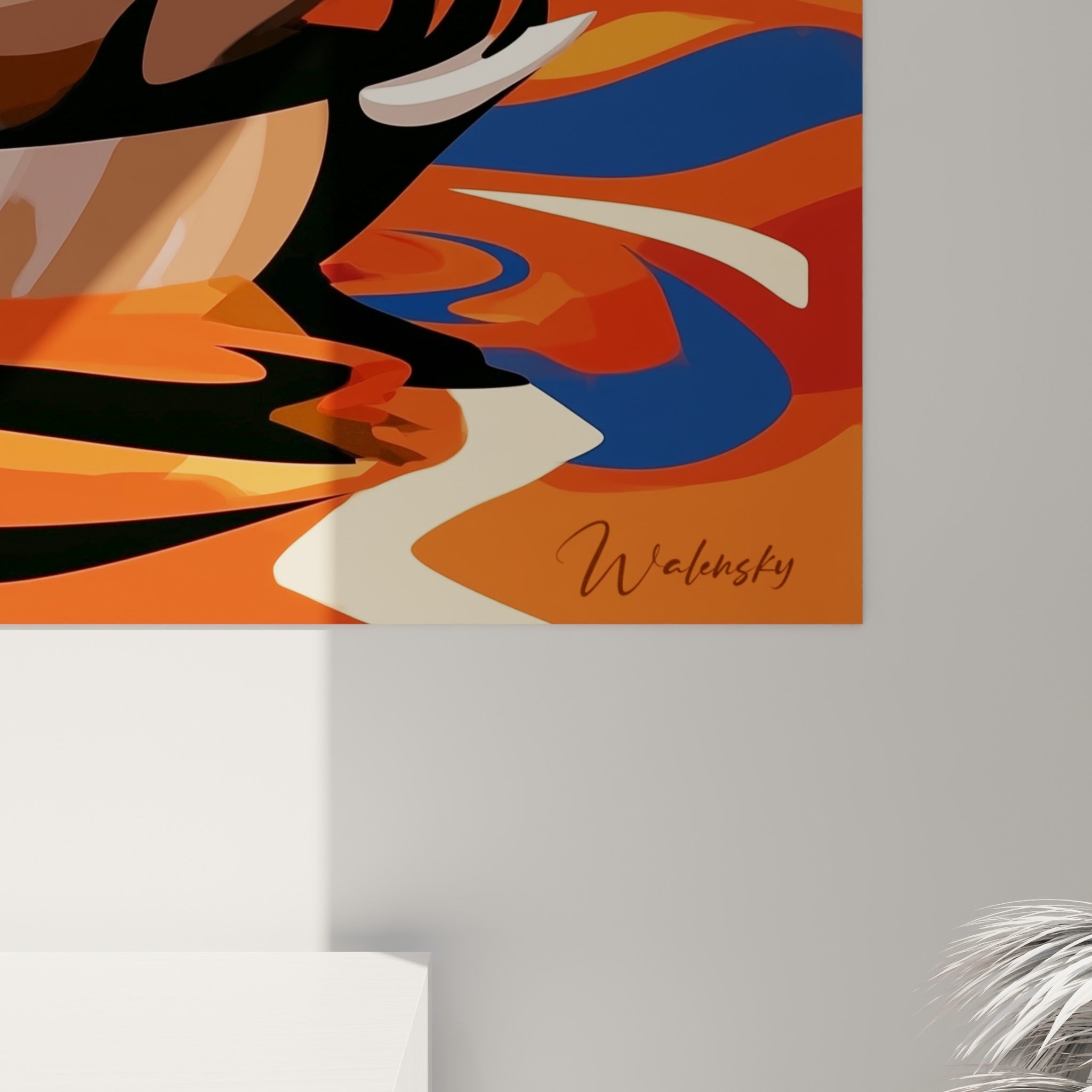Détail des empâtements orangés et bleu marine du plumage sur ce tableau canard aux couleurs vives