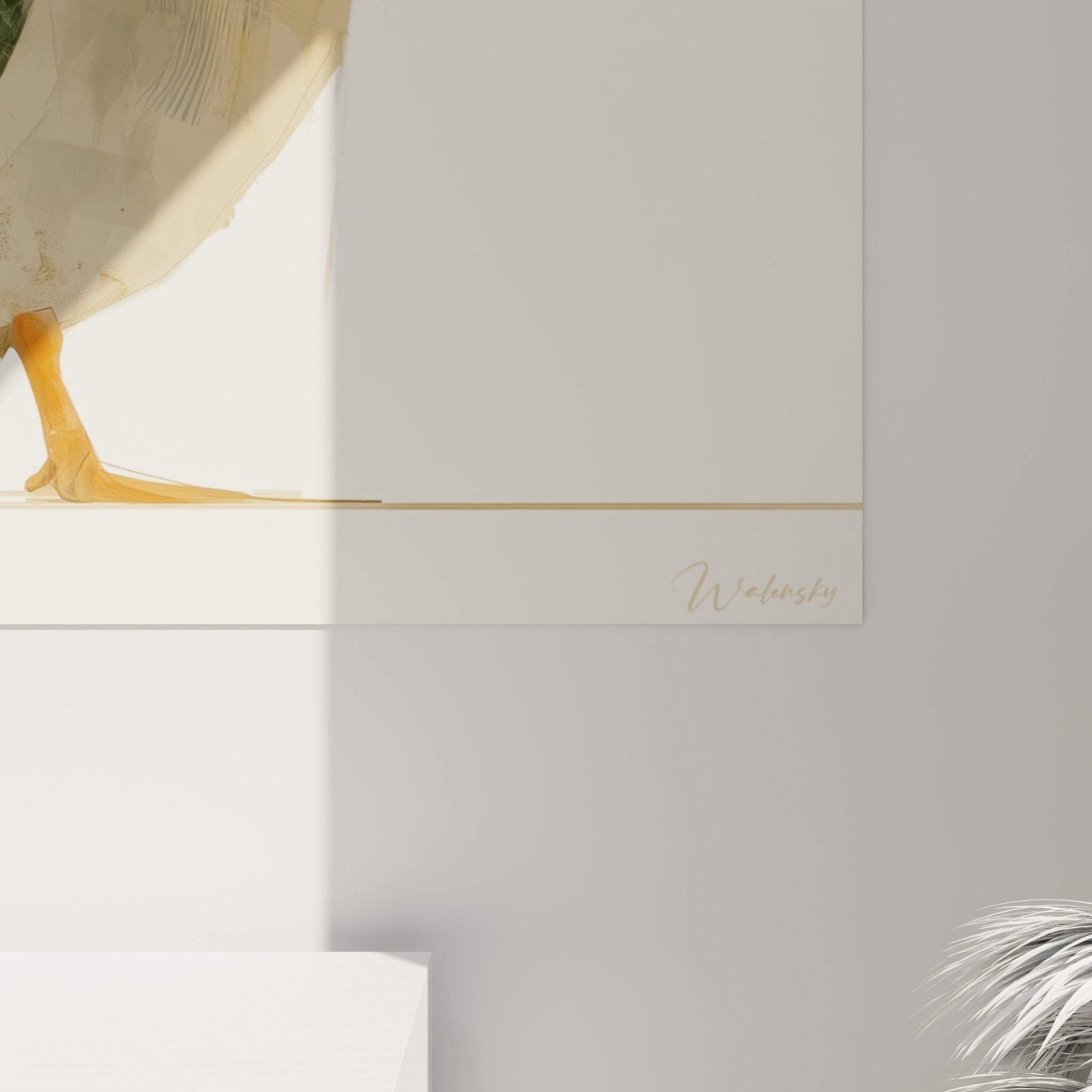 Empâtements ocre et vert émeraude du plumage, traits fins et coulures visibles sur la toile