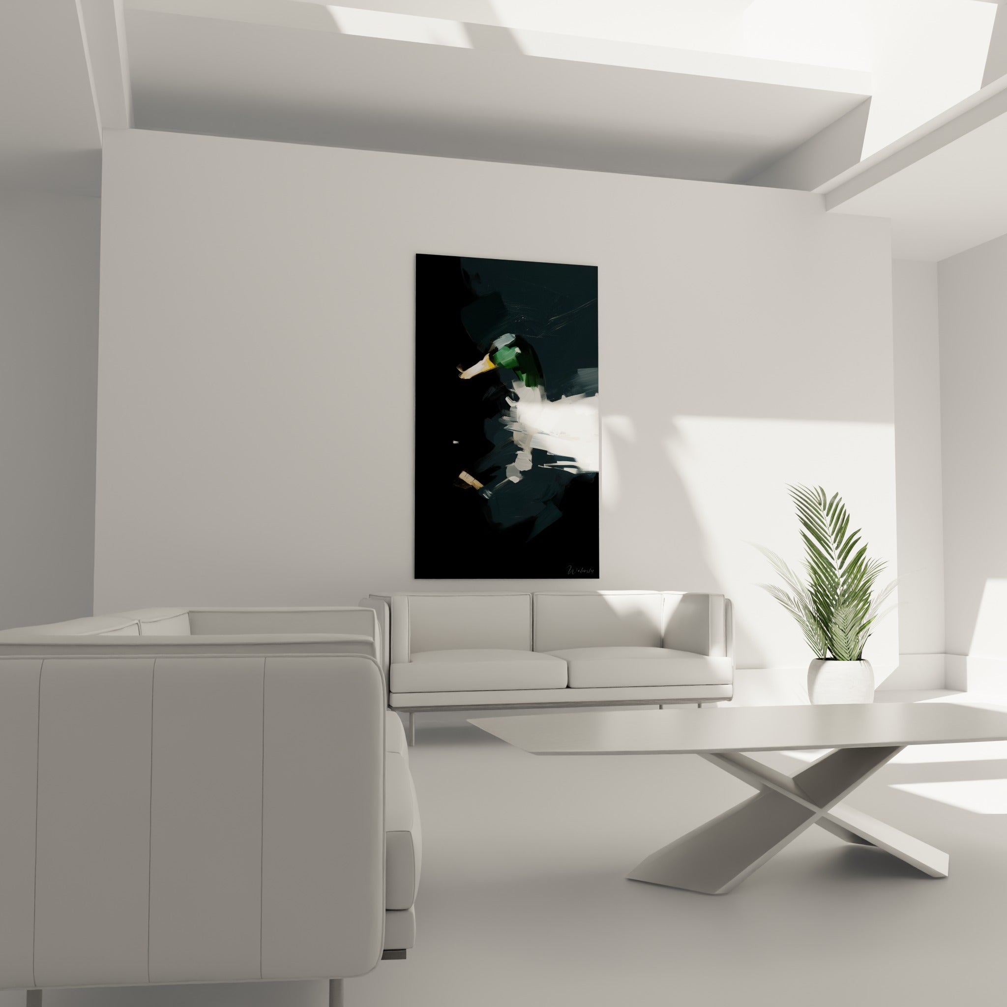 Canard colvert reflété sur une eau sombre accroché au-dessus d'un canapé dans un salon lumineux