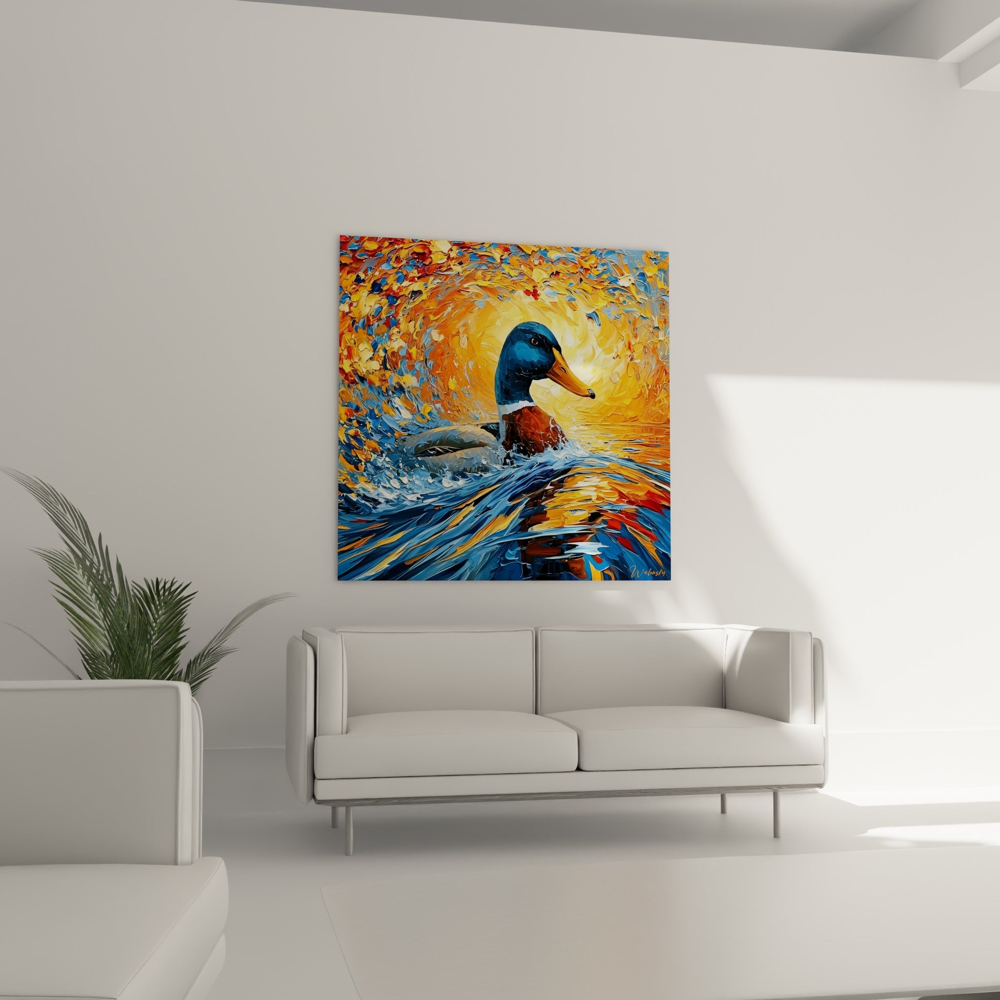 Colvert bleu marine et orangé jaillissant d'une vague, suspendu au-dessus d'un canapé dans un salon lumineux