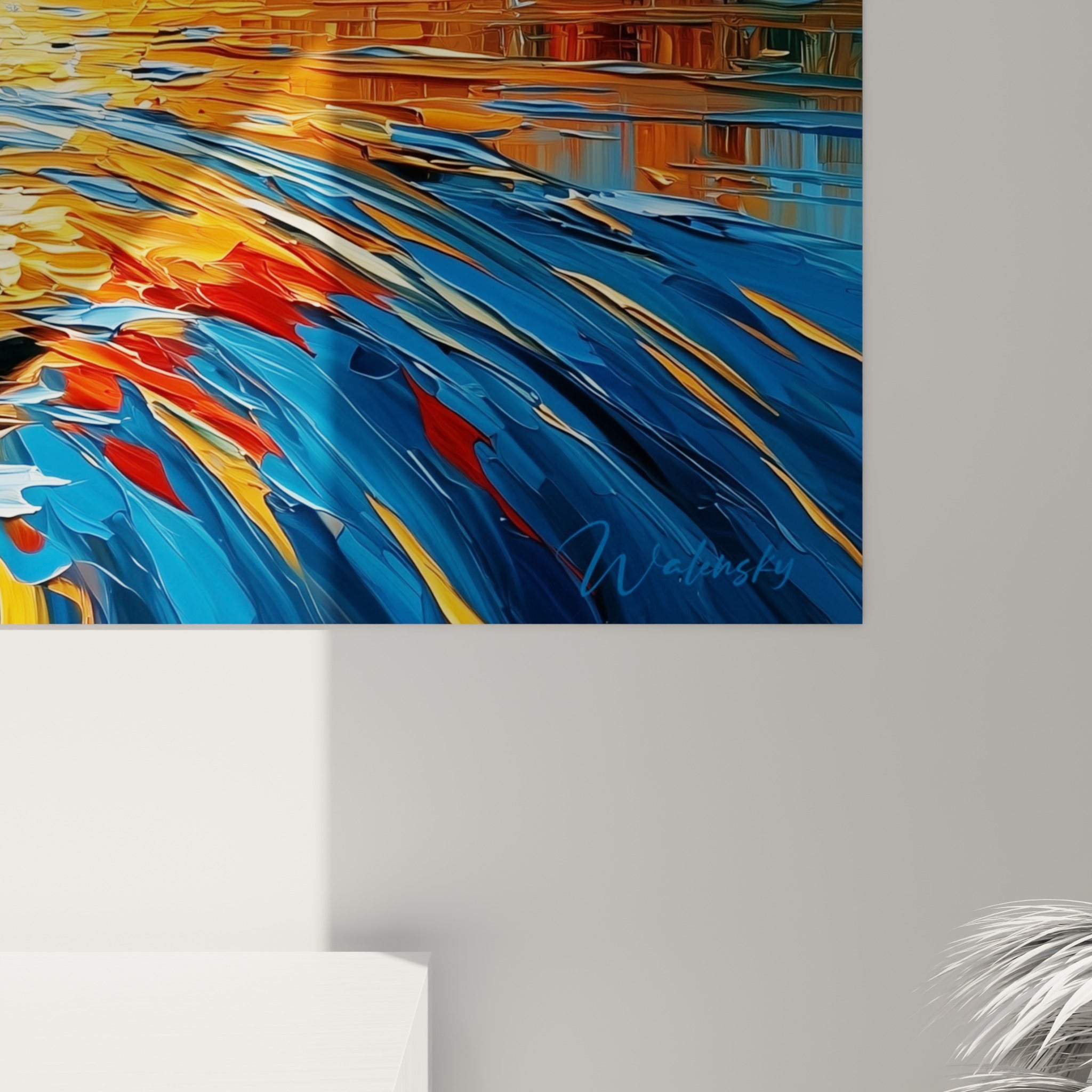 Empâtements bleu turquoise et orange se mêlant en coulures épaisses sur la surface texturée de la toile