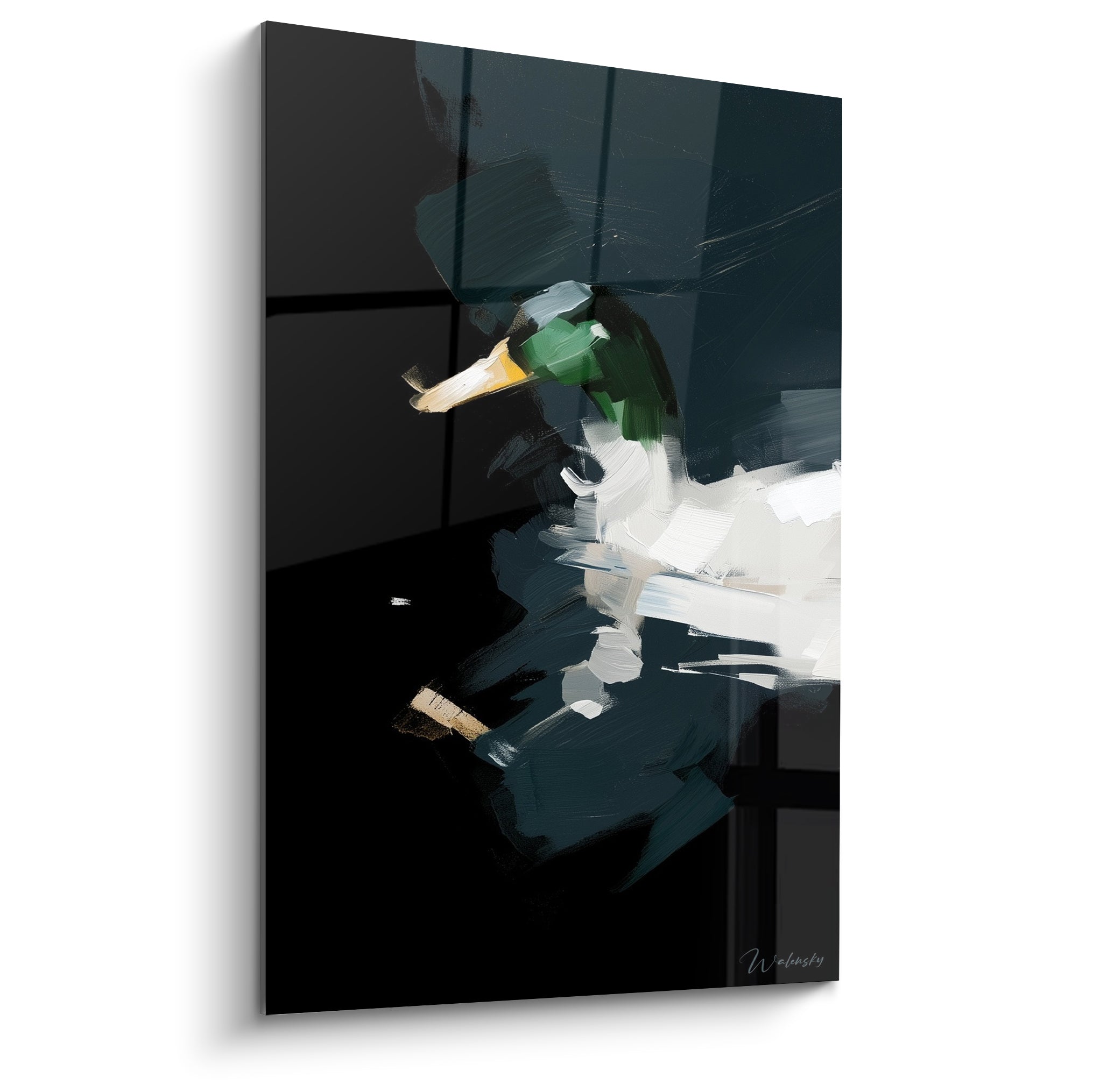 Canard colvert vert émeraude et blanc peint sur fond anthracite aux lignes géométriques discrètes