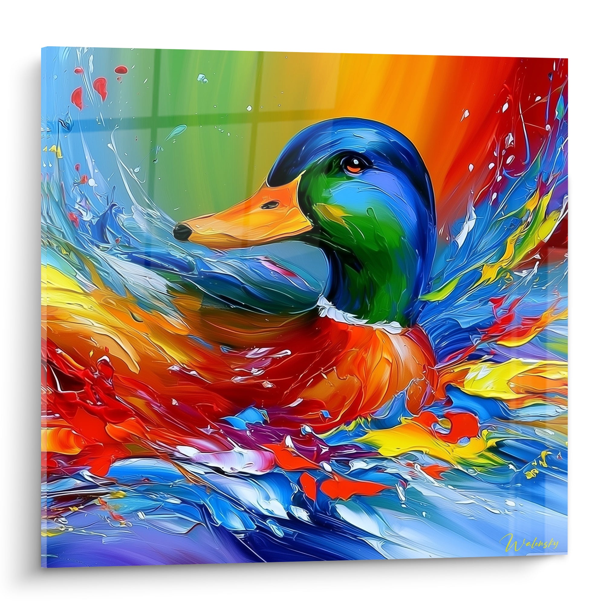 Canard colvert vert émeraude et bec orange vif surgissant d'éclaboussures bleues et rouges peintes