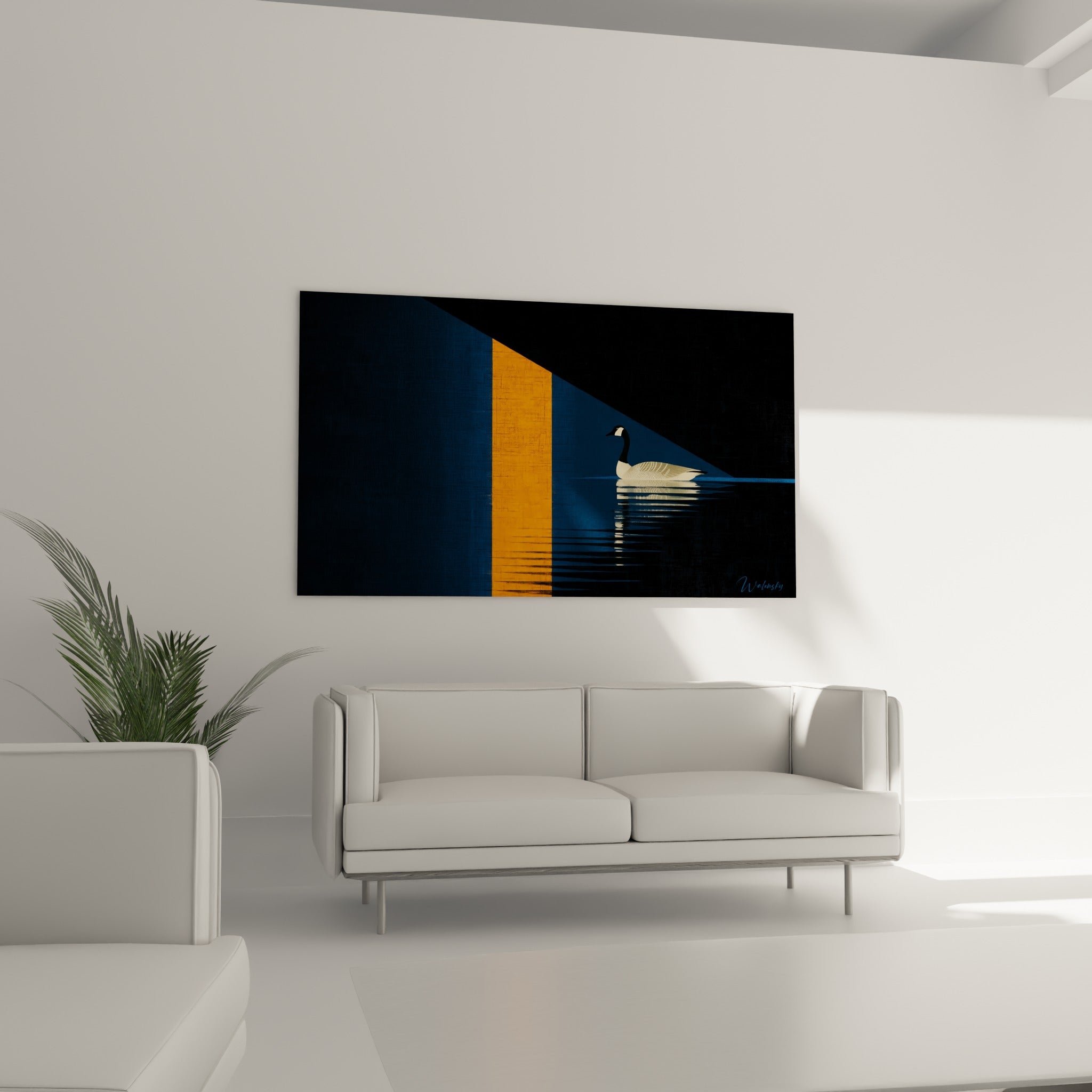 Composition géométrique anthracite et orangée avec canard flottant, au-dessus d'un canapé dans un salon lumineux