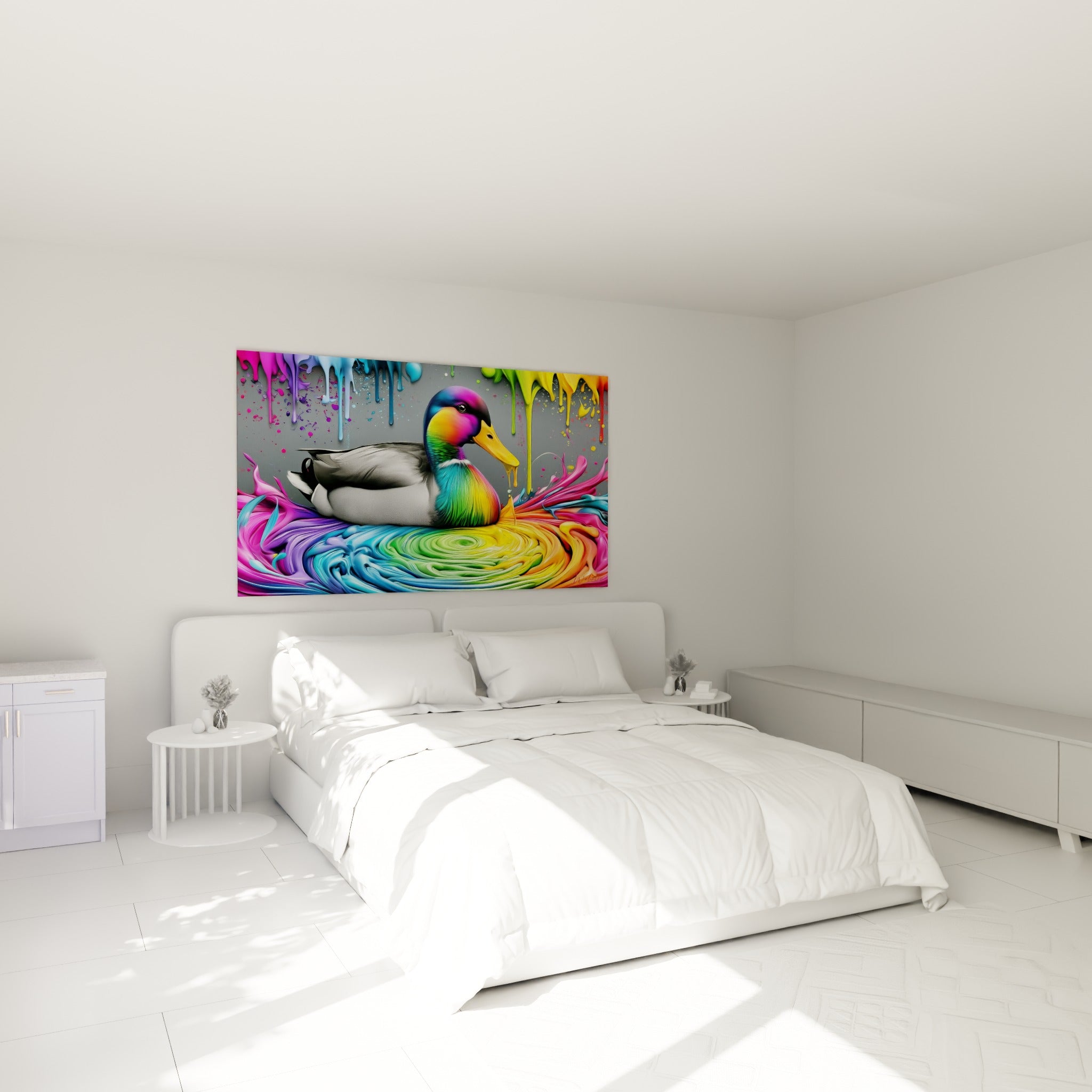 Canard au cou irisé vert et violet accroché au-dessus d'un lit dans une chambre claire