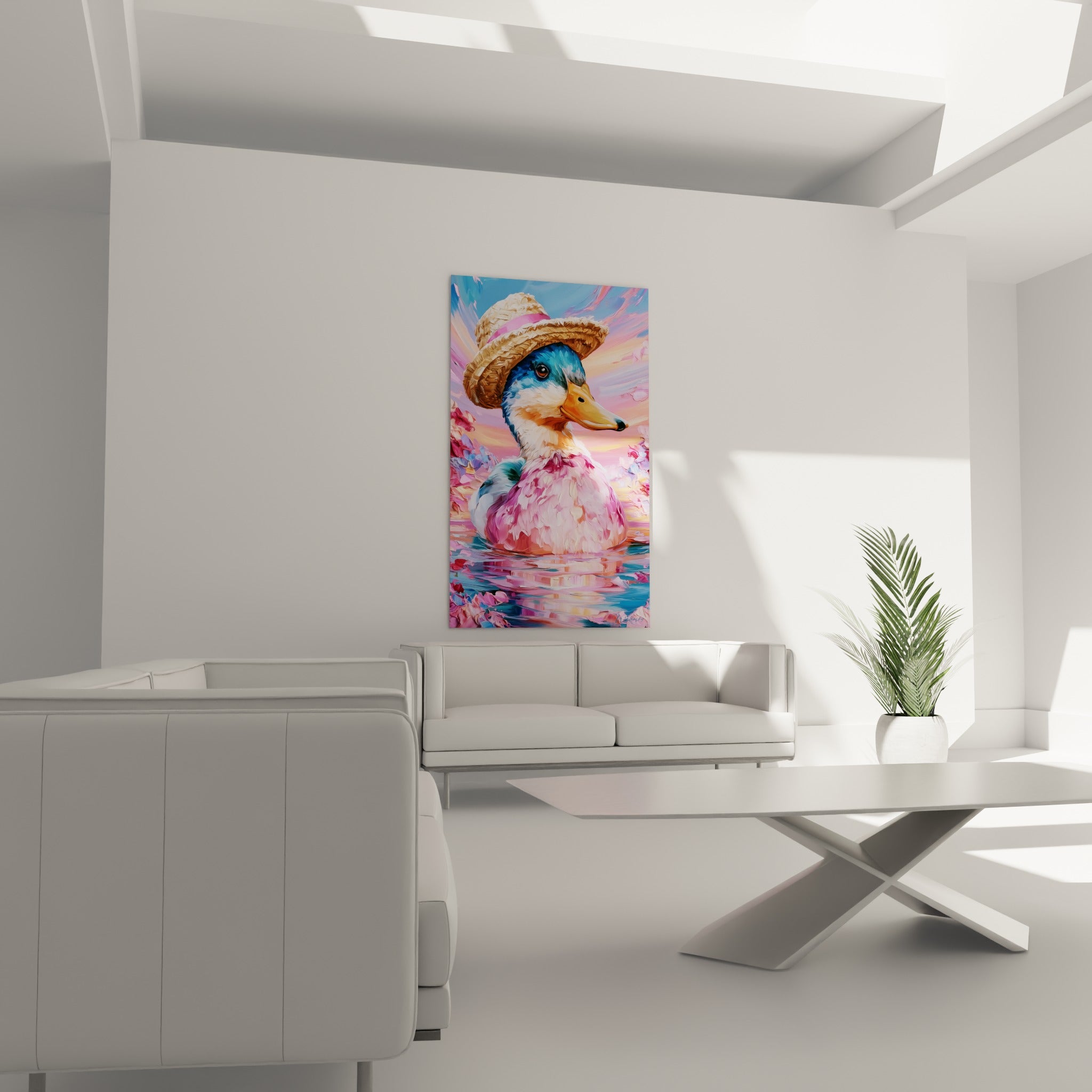 Canard bleu et rose flottant sur l'eau au coucher du soleil, au-dessus d'un canapé dans un salon lumineux
