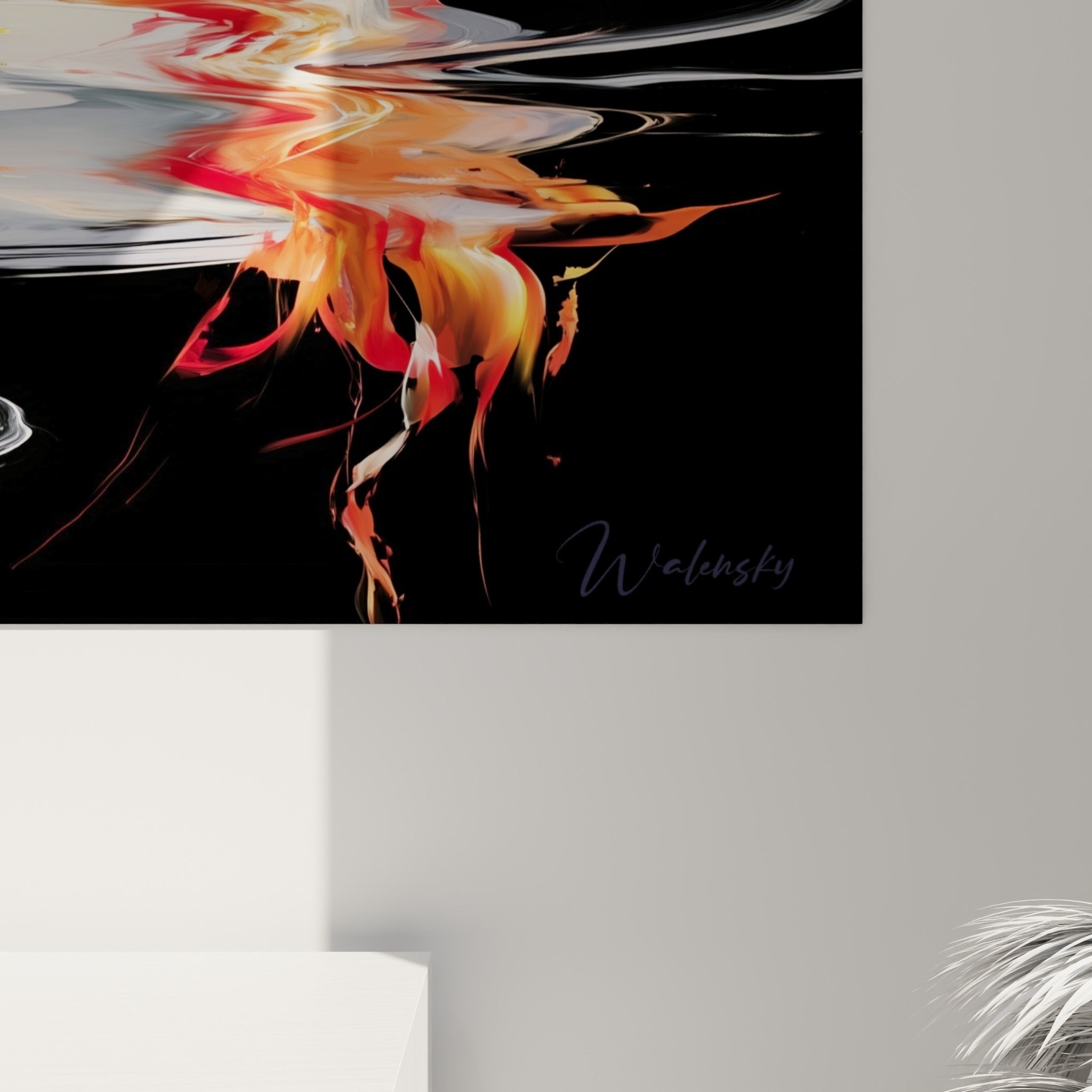 Empâtements orange et rouge se mêlant au noir profond, coulures visibles sur la toile du canard