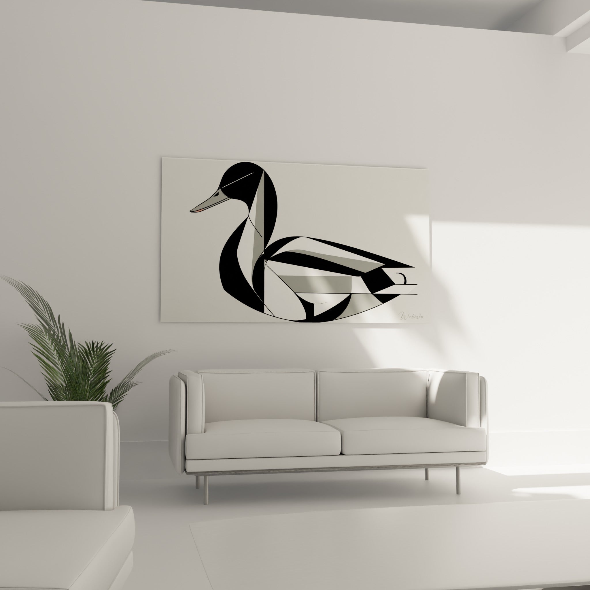 Canard cubiste en camaïeu de noir et blanc disposé au-dessus d'un canapé dans un salon lumineux