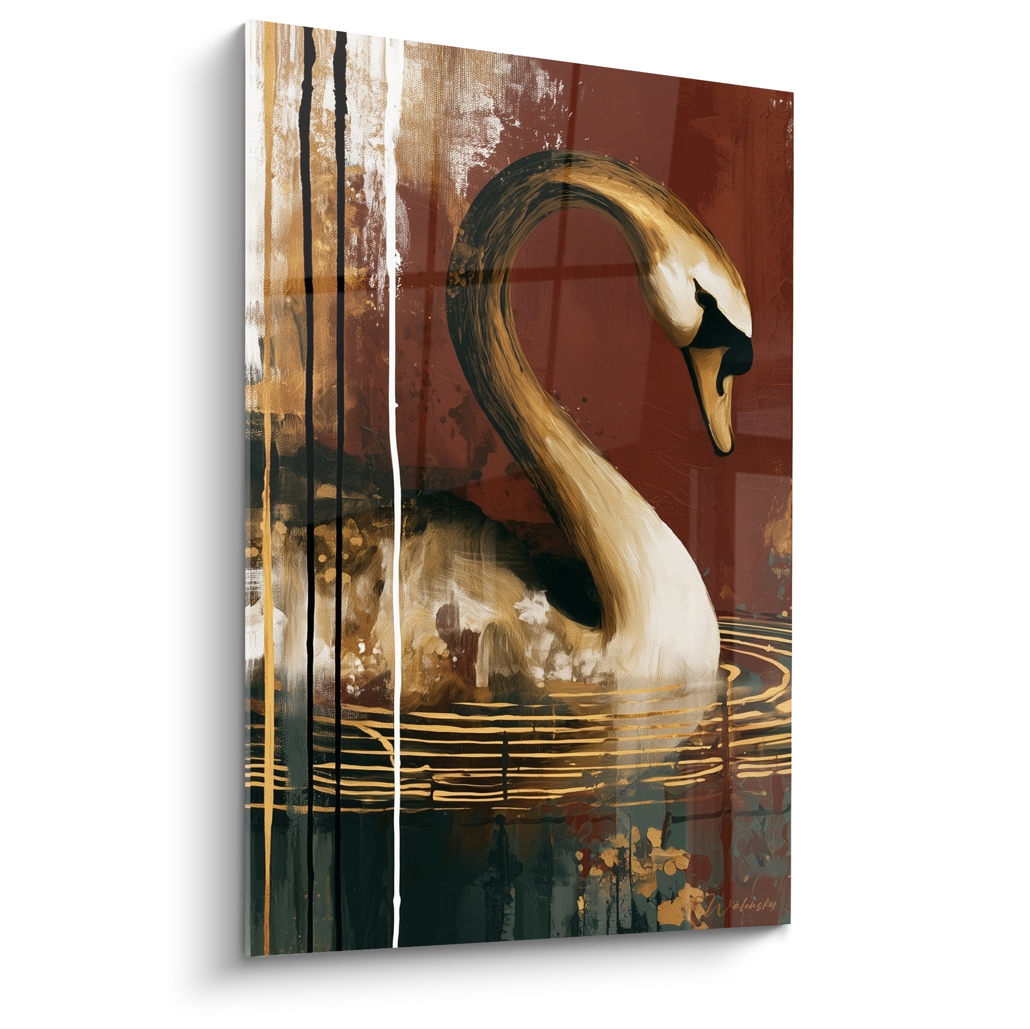 Cygne doré au cou incurvé sur fond terracotta et bandes anthracite verticales peintes
