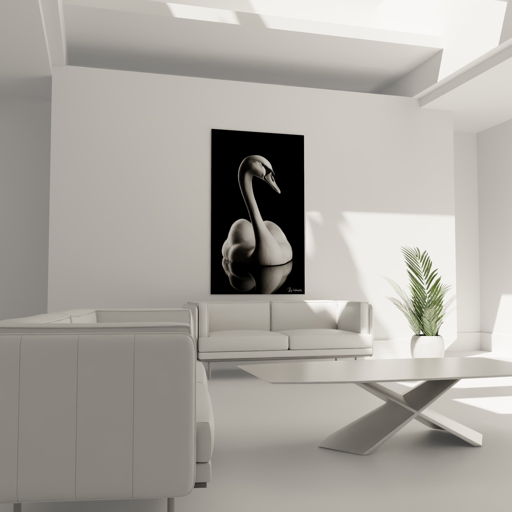 Posture élégante du cygne blanc au reflet sombre, suspendue au-dessus d'un canapé dans un salon lumineux