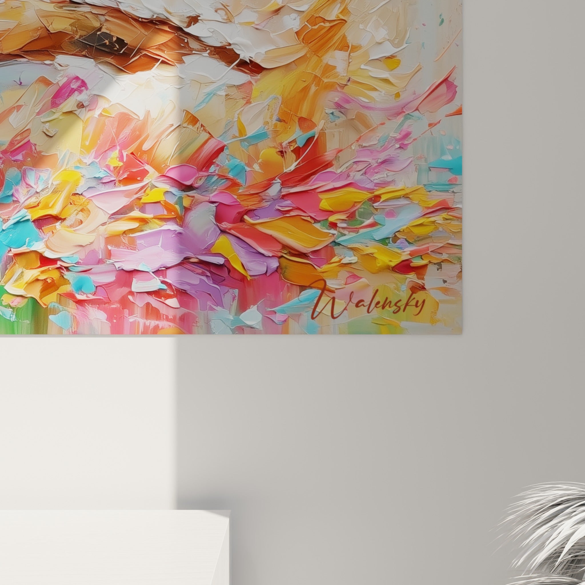 Détail du bec rose et de l'œil sombre du canard, empâtements épais mêlant jaune, turquoise et fuchsia