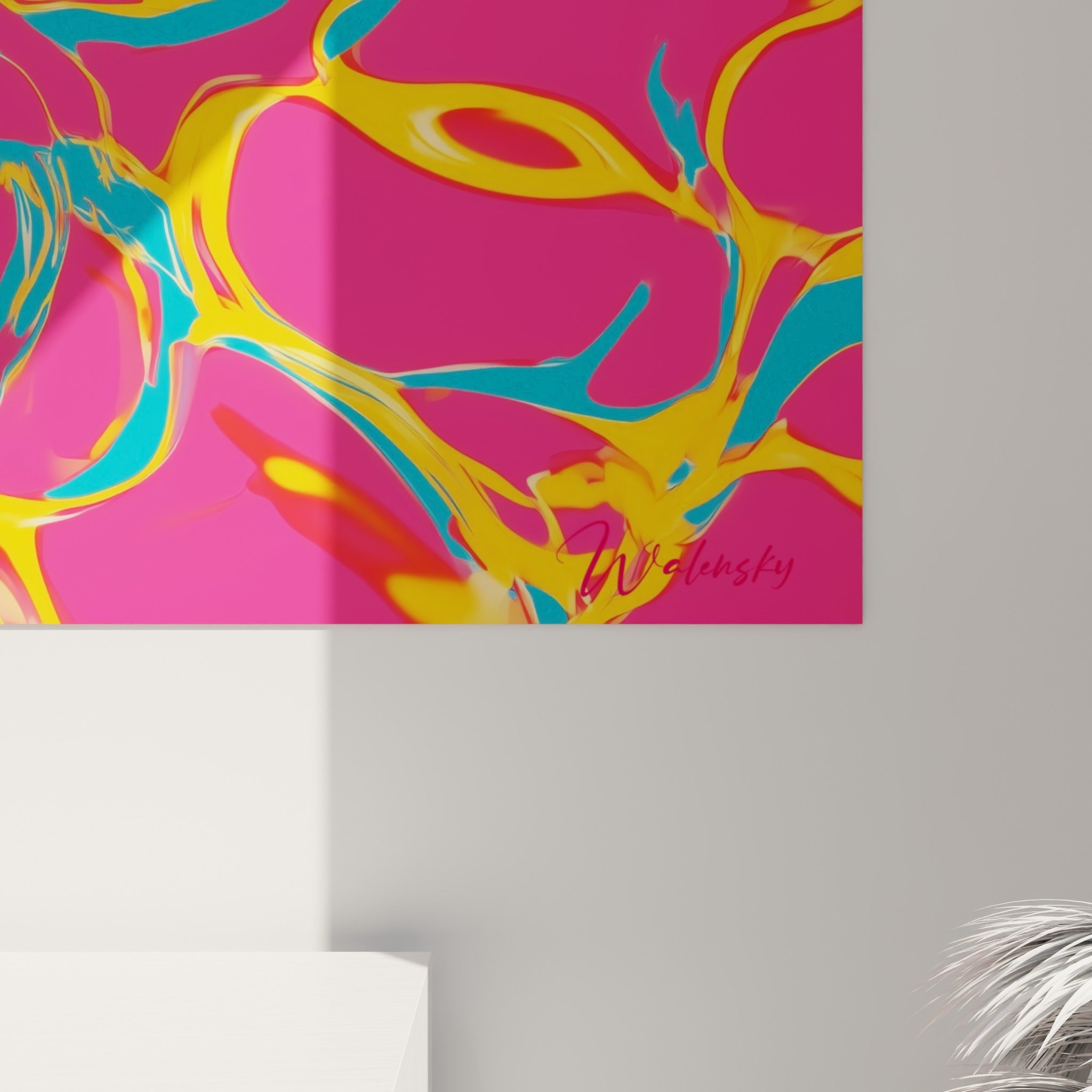 Détail du canard orange où les coulures jaune doré et bleu turquoise se mêlent au rose fuchsia intense