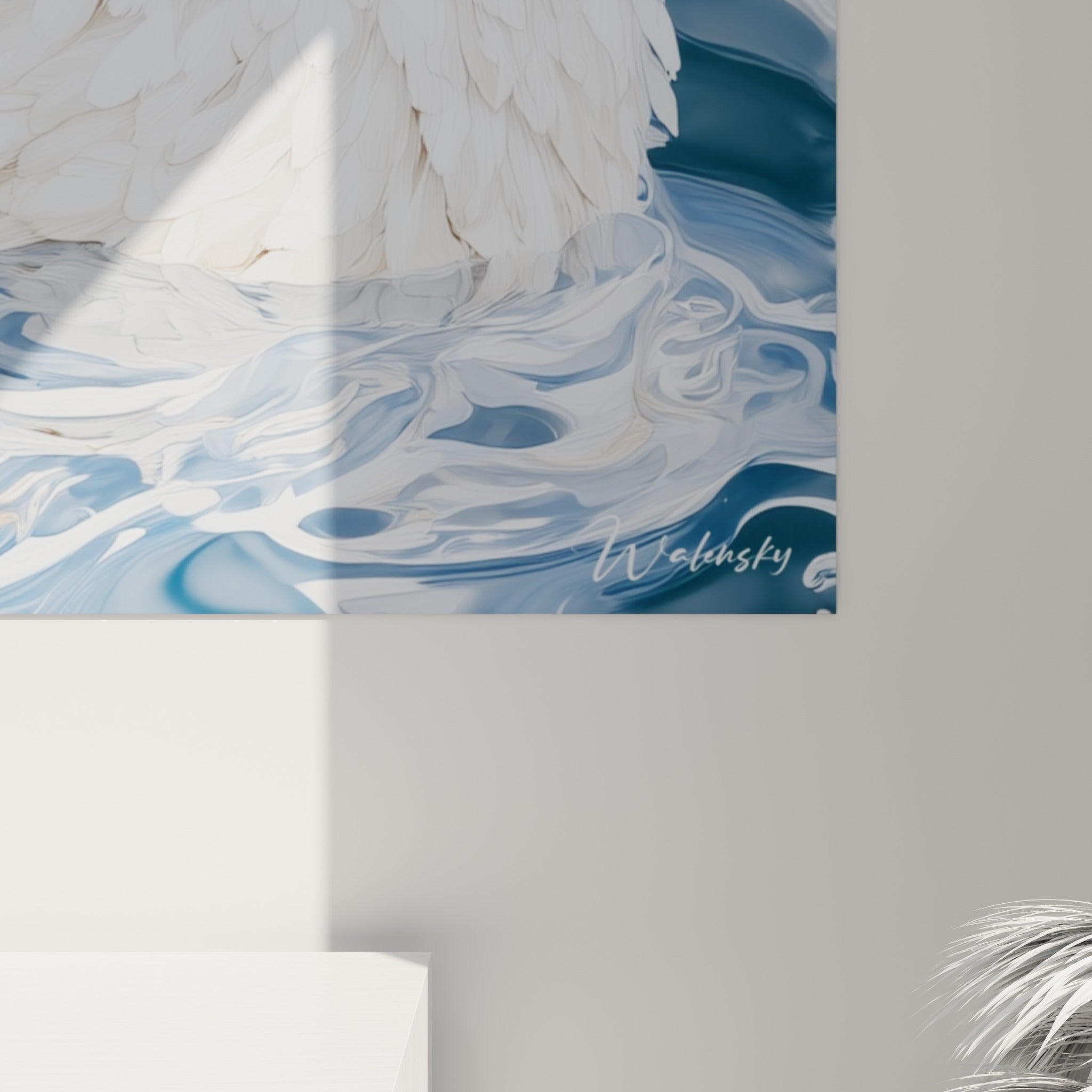 Détail des plumes blanches et bleu marine du canard, empâtements visibles et reflets d'eau ondulée