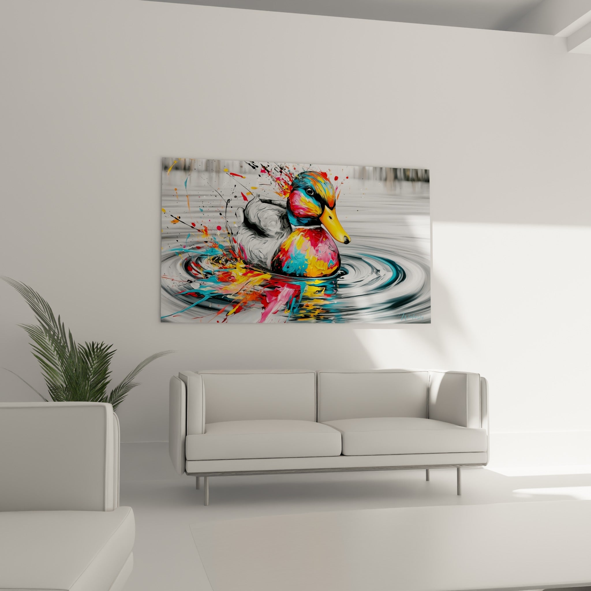 Canard doré et anthracite sur eau ondulée, disposé au-dessus d'un canapé dans un salon lumineux